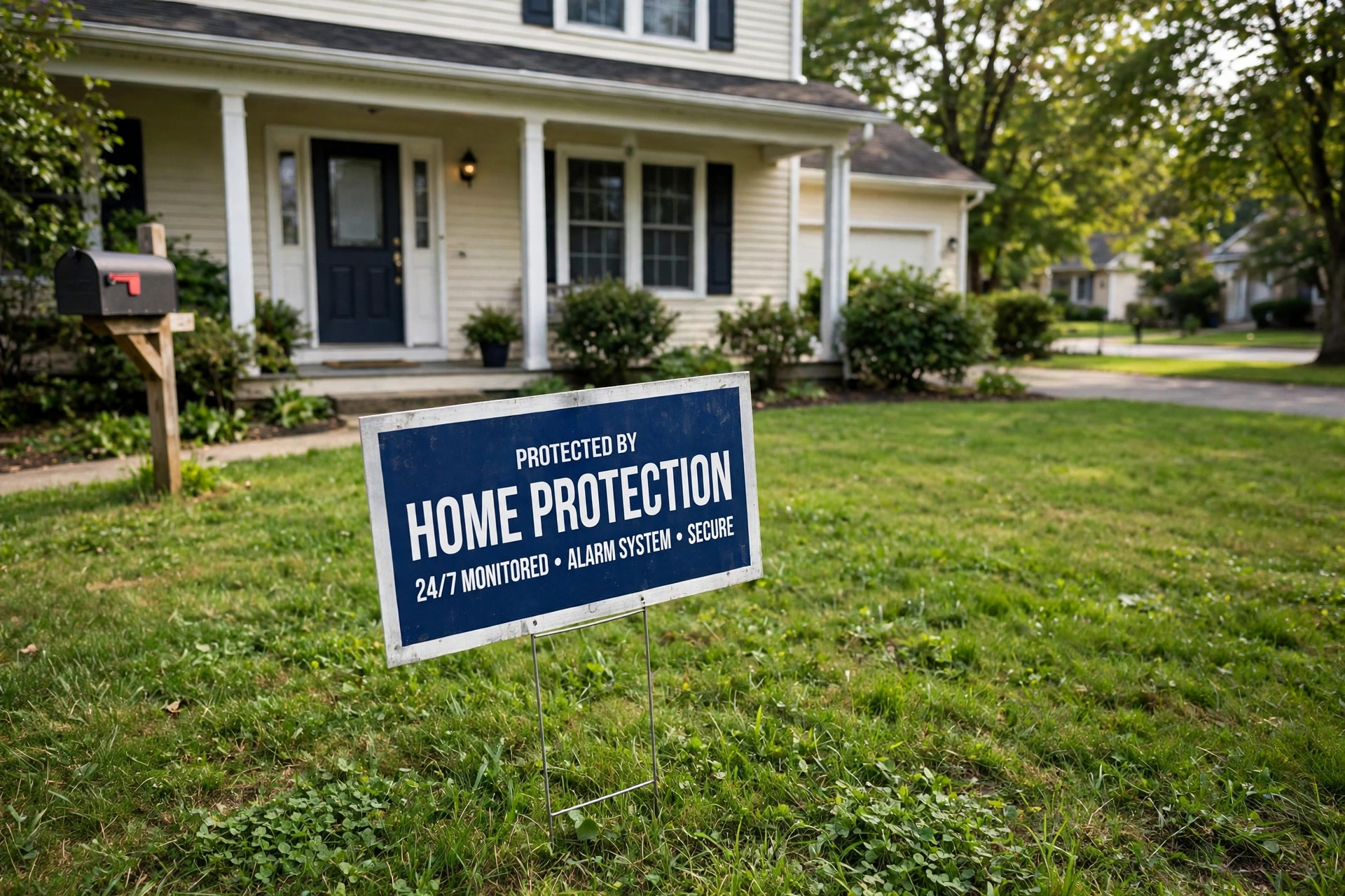 security yard signs do they work usa: Security yard sign staked in a front yard of an American home