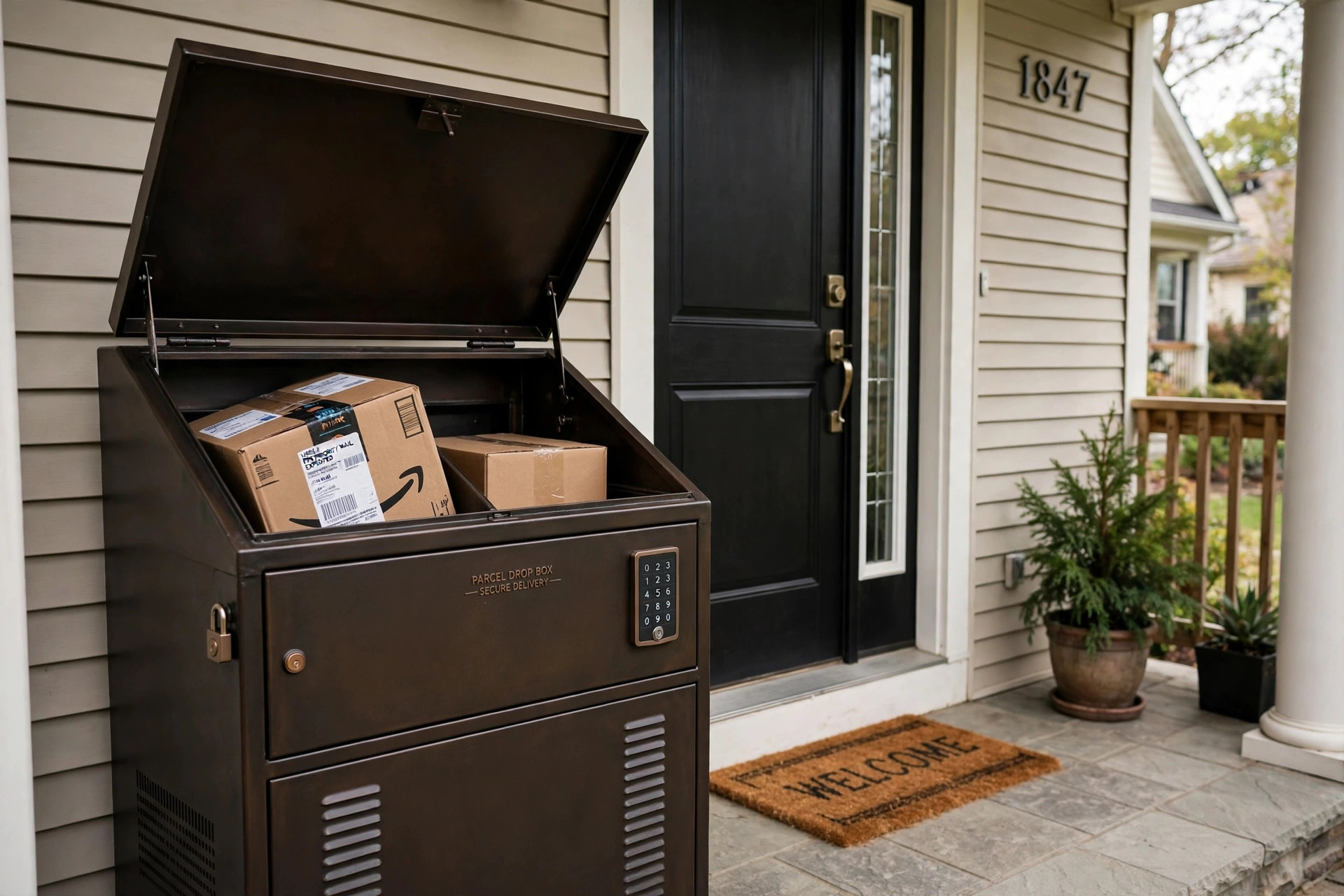 best parcel drop box for deliveries usa: A lockable parcel drop box on a front porch with packages inside, photorealistic