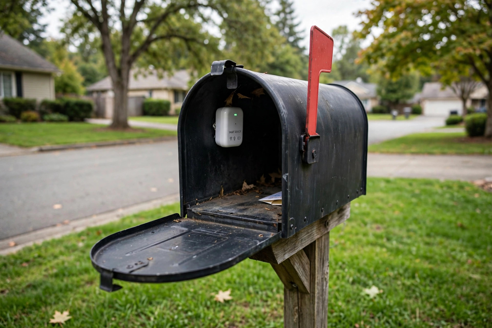 smart mailbox sensor reviews 2026 usa: Smart mailbox sensor on a mailbox in an American front yard