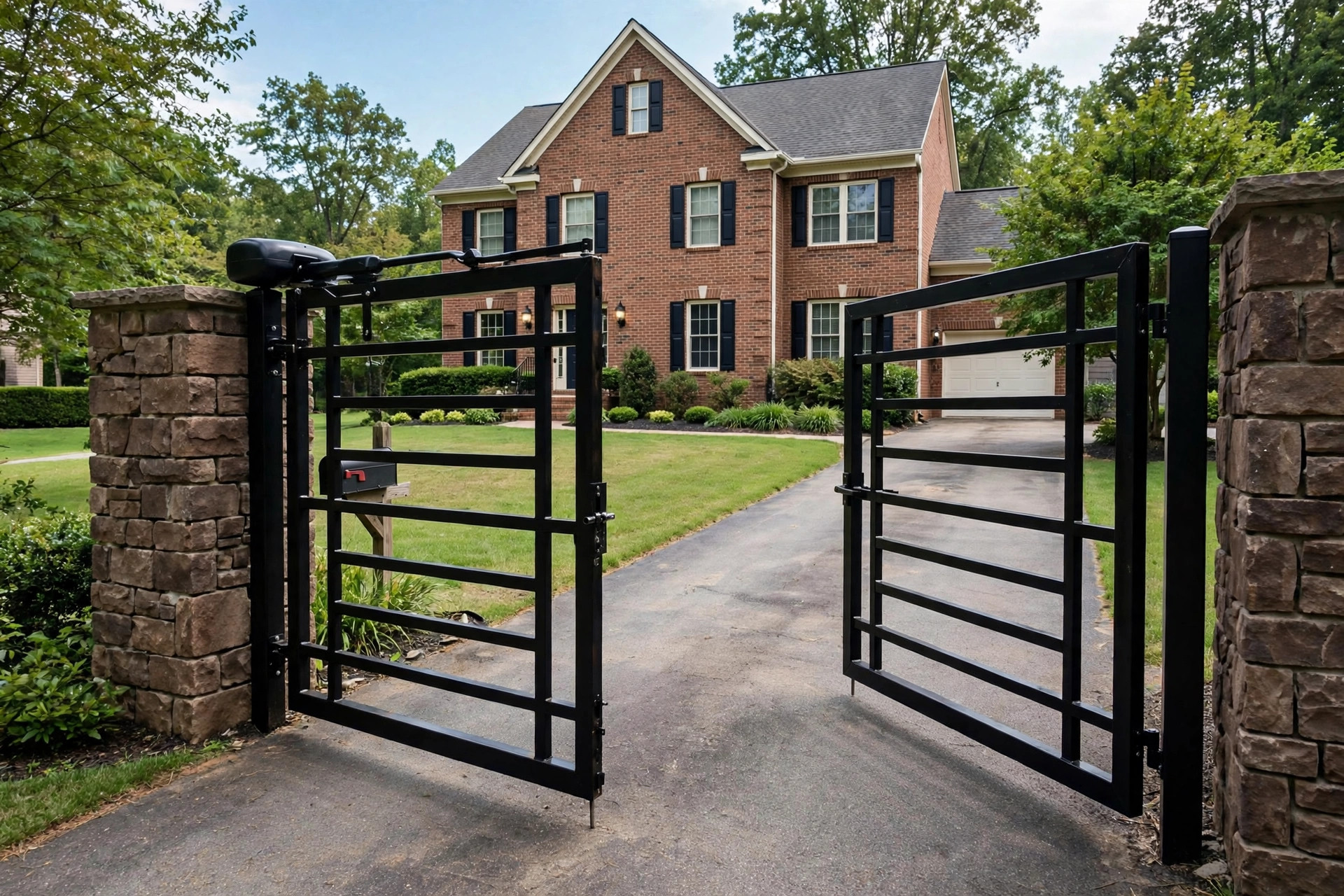 Automatic driveway gate at the entrance of an American home, showing best automatic driveway gate cost installed