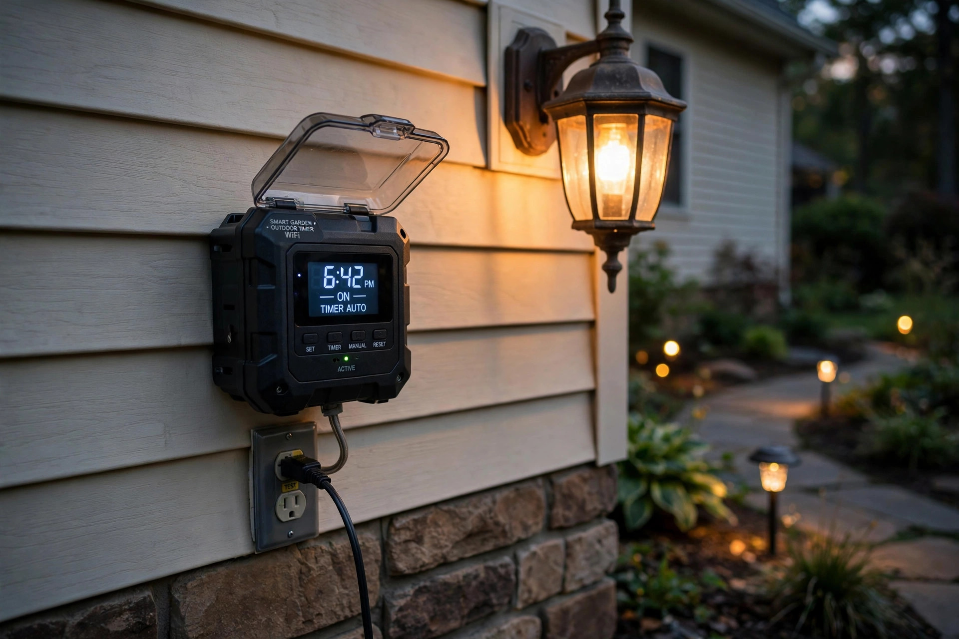 Smart outdoor lighting timer reviews USA: weatherproof smart timer box mounted beside a porch light