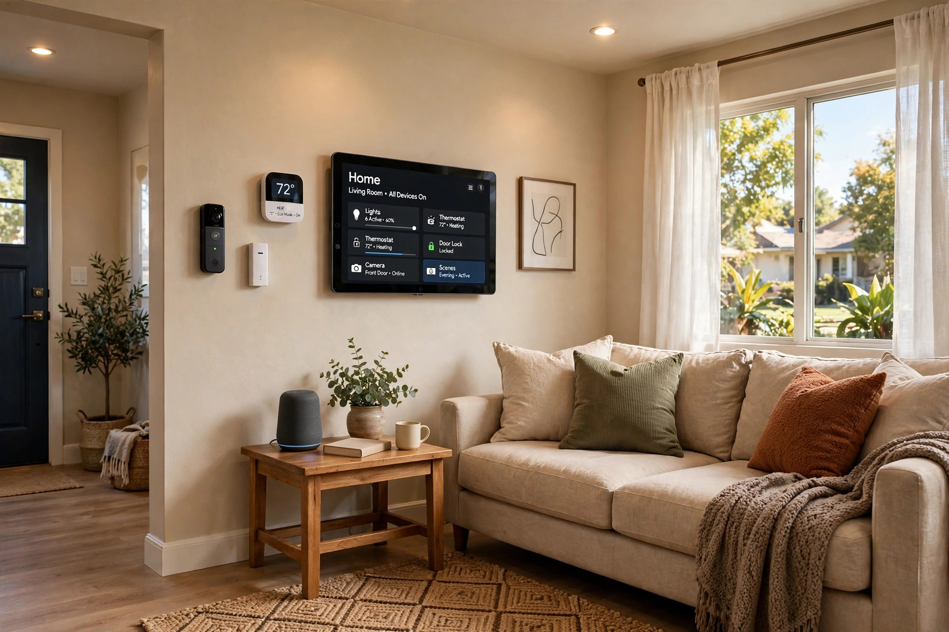 Home automation installer near me cost shown by smart devices in a bright American living room