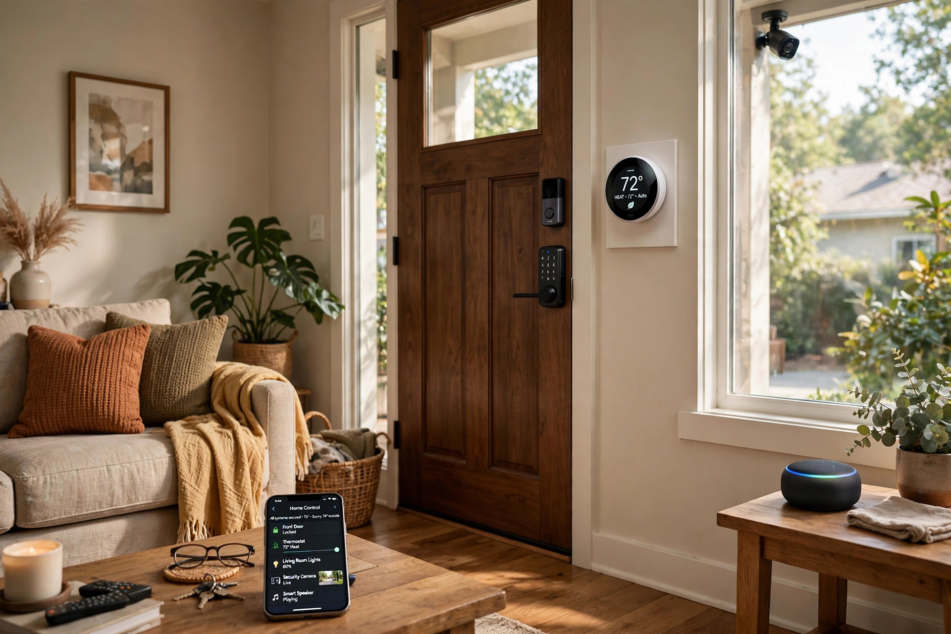 A whole home automation cost calculator USA concept shown as smart devices in an American living room