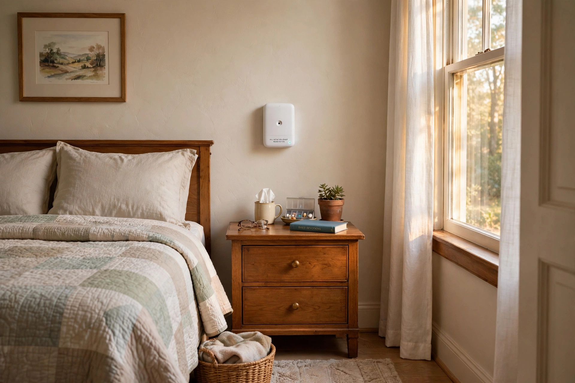 A wall-mounted fall detection sensor in a senior's bedroom, showing the best fall detection sensor for seniors usa in a real home