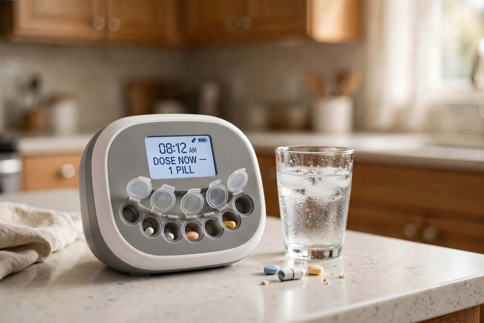 smart medication reminder dispenser reviews usa: Smart medication reminder dispenser on a kitchen counter