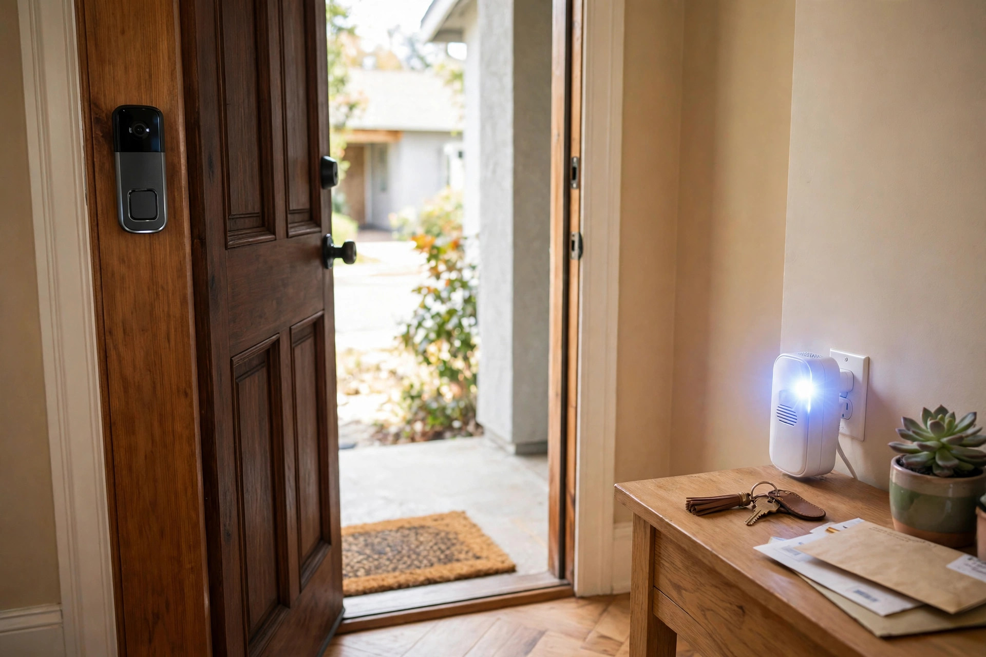 Smart doorbell beside a front door with a flashing chime light in the hall, best smart doorbell for hearing impaired usa