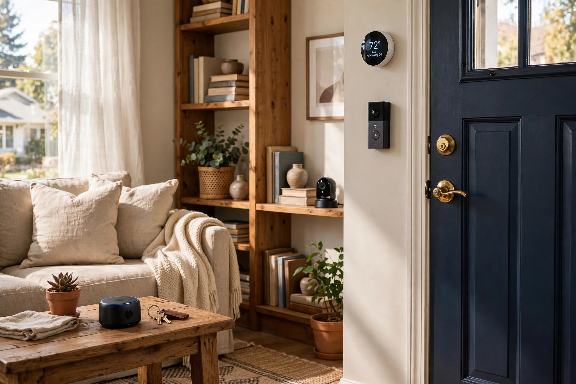 Smart home hub, video doorbell, and security camera in an American living room — how to secure smart home devices usa guide