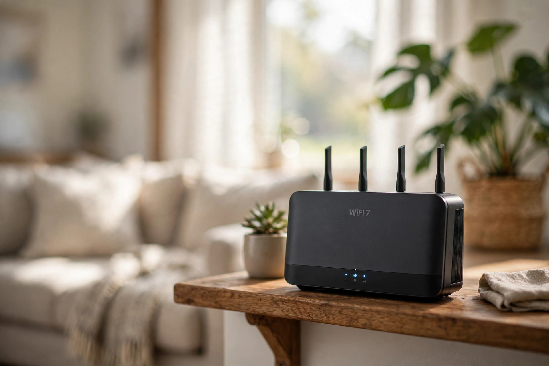 wifi 7 router for smart home reviews usa: WiFi 7 router on a shelf in an American living room