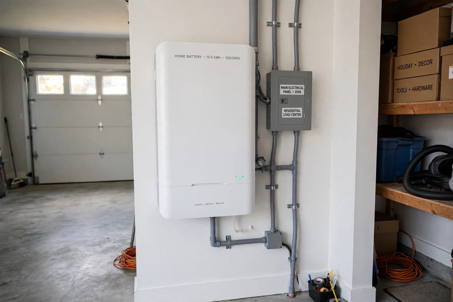 tesla powerwall vs generac pwrcell comparison: A wall-mounted home battery unit installed on a garage wall beside an electrical panel