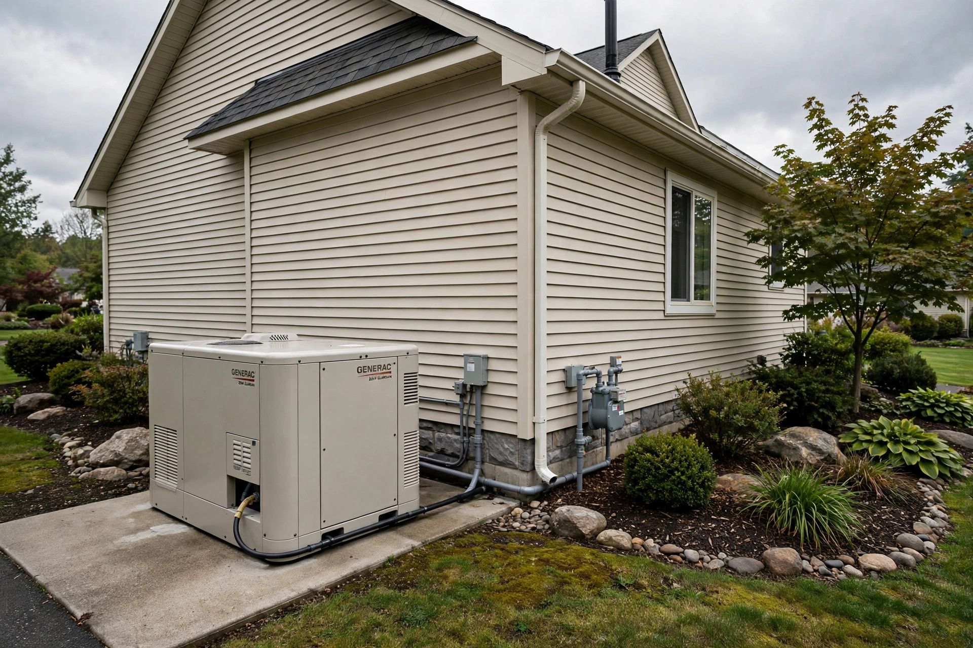 whole house generator cost installed 2026 usa: A whole house standby generator installed beside an American home with power lines