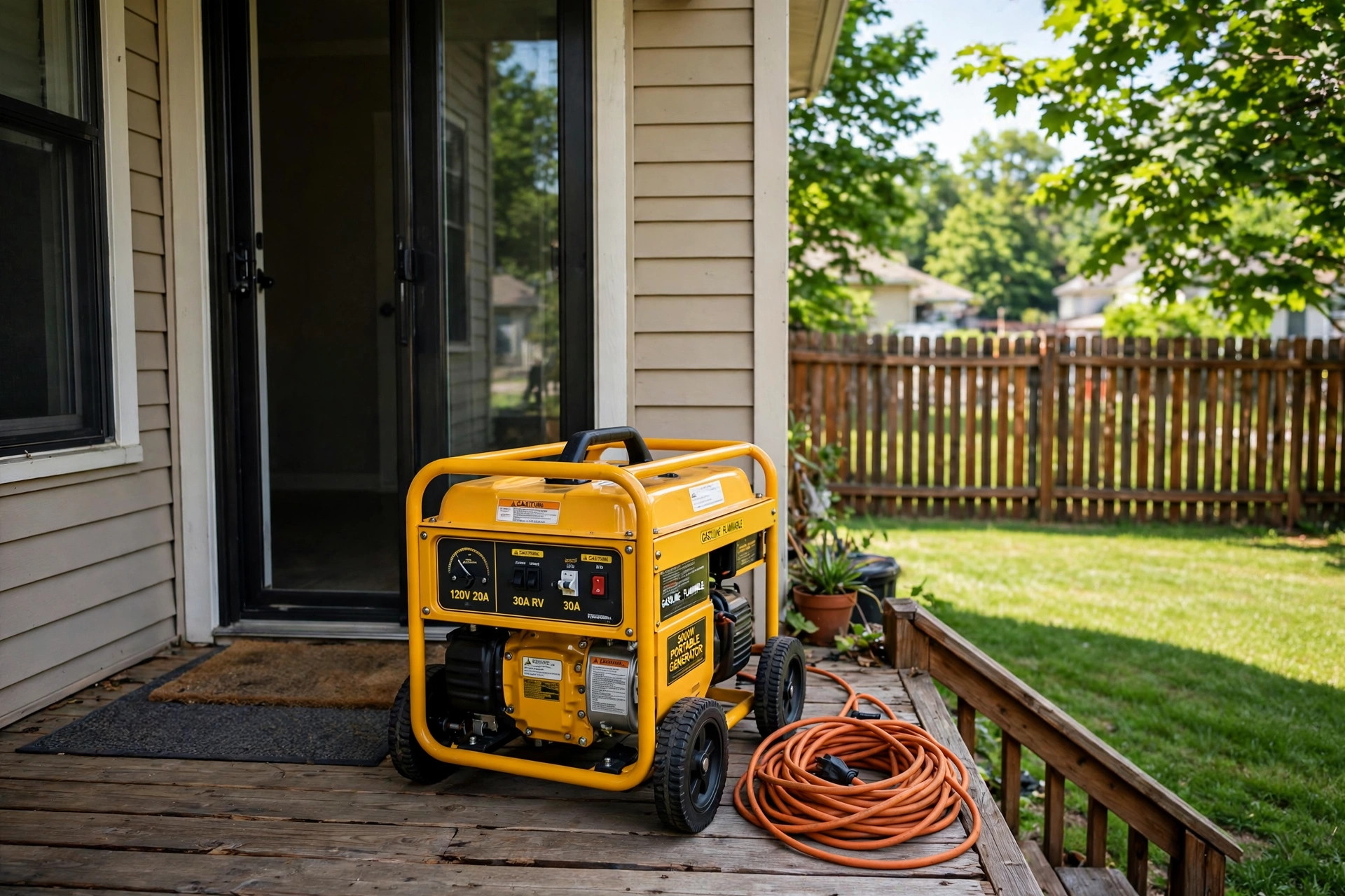 best portable generator for home backup usa: Portable generator set up for home backup at an American home