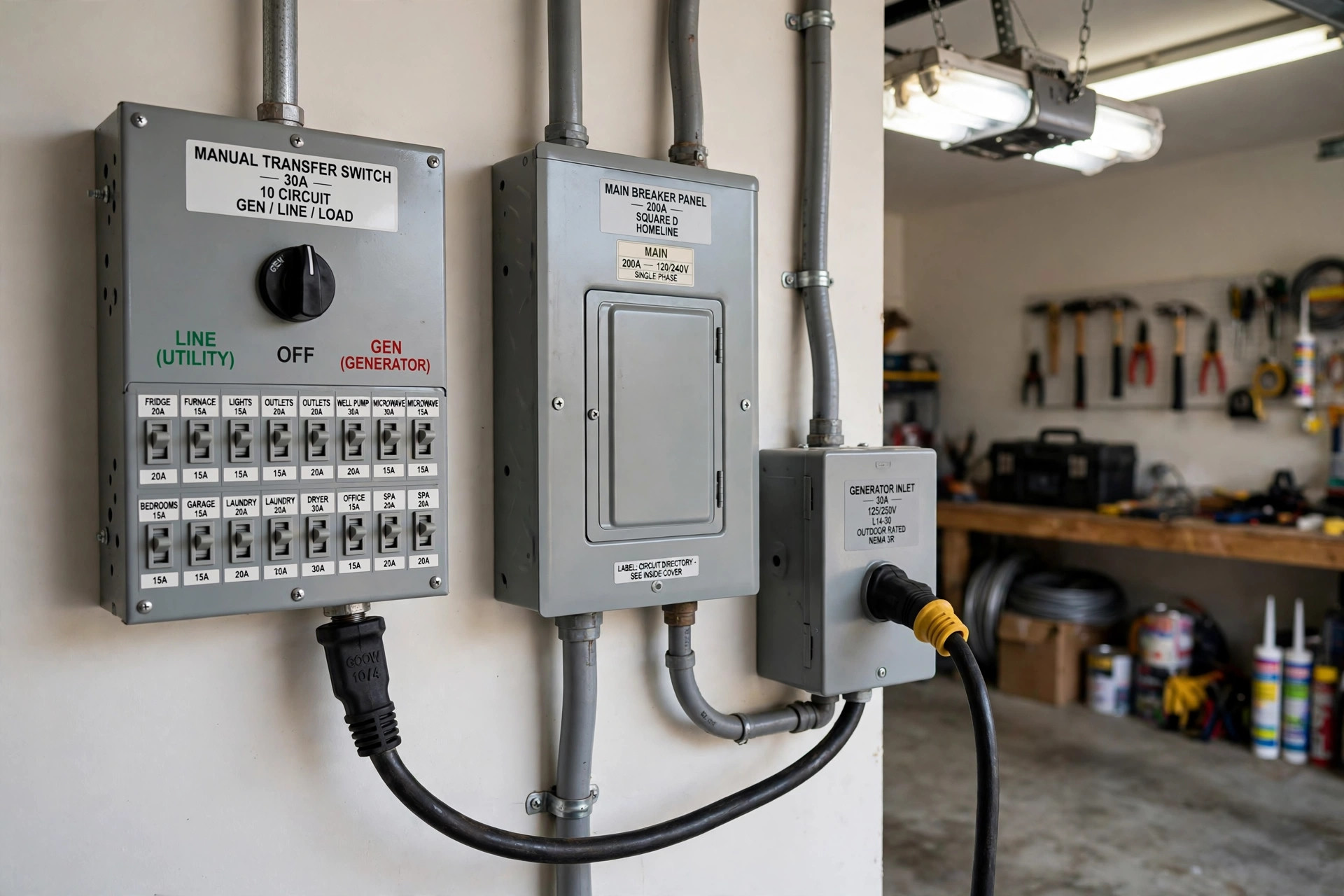 best transfer switch for portable generator usa: Transfer switch panel for a portable generator installed in an American garage
