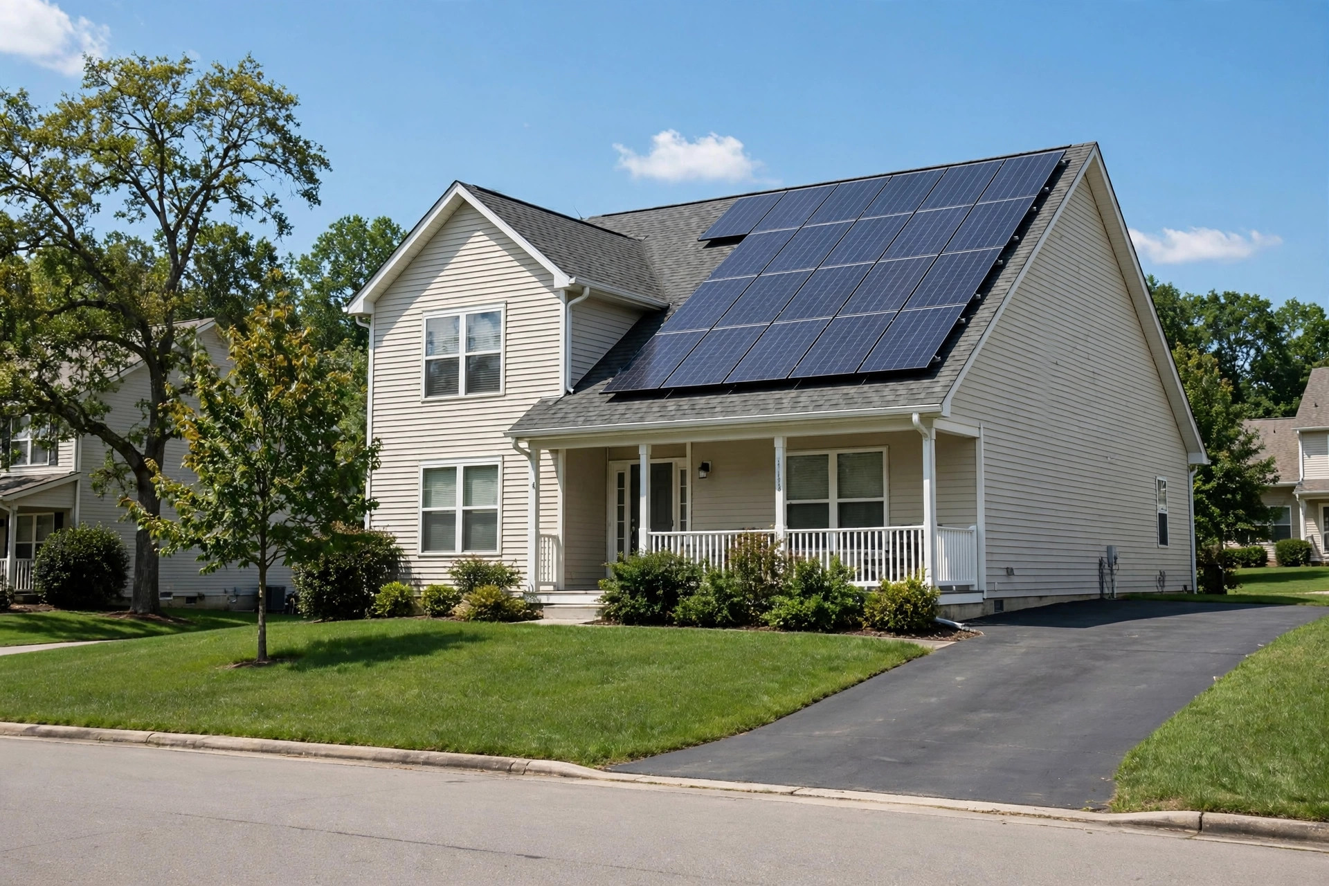 solar lease vs buy comparison usa 2026: Solar panels on a suburban American home rooftop under a bright sky