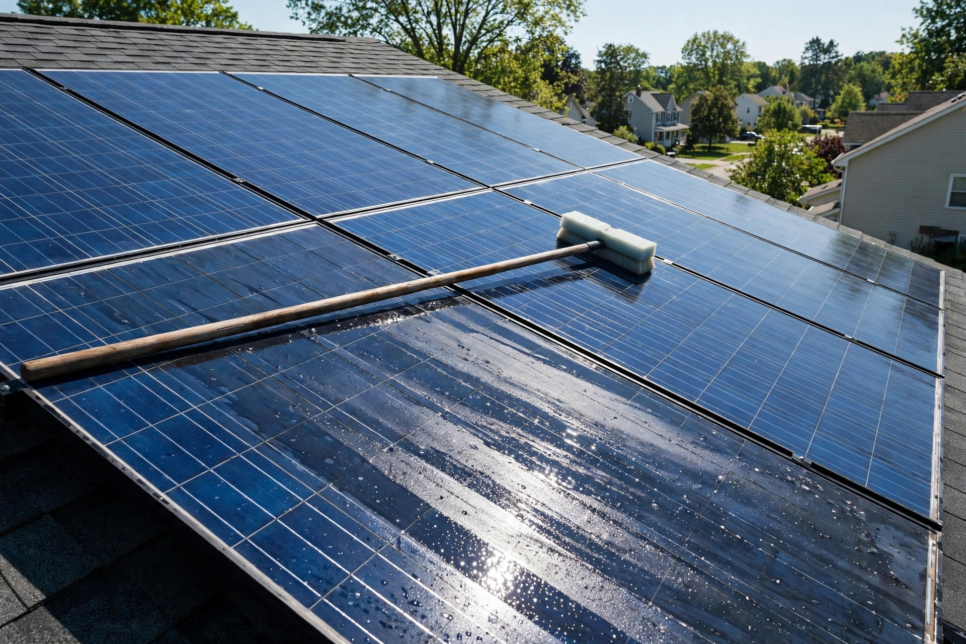 solar panel cleaning service cost near me: A technician with a soft brush cleaning solar panels on a sunny rooftop