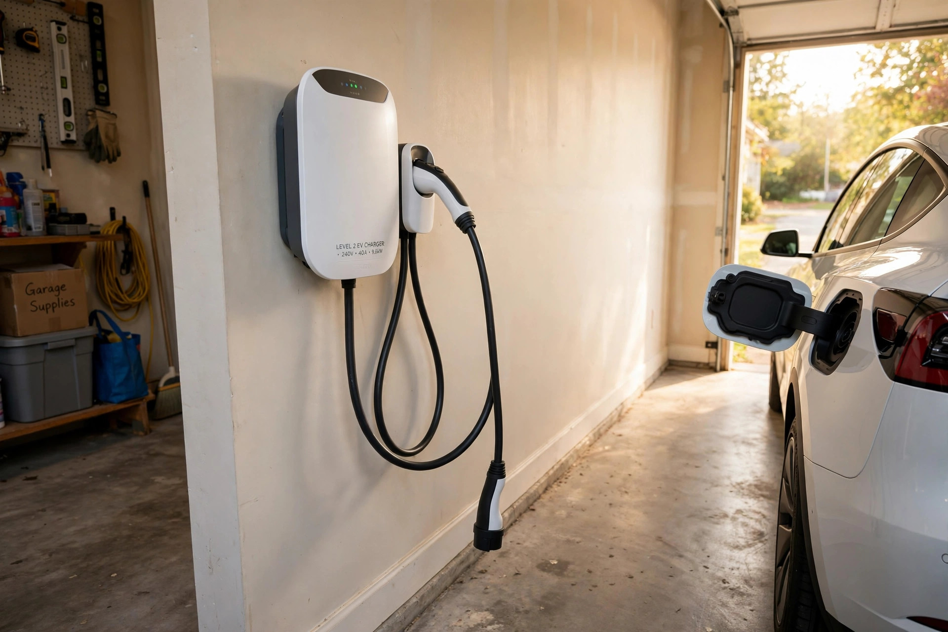 best ev charger for home reviews 2026 usa: A wall-mounted electric vehicle charger installed beside a car in a clean American garage