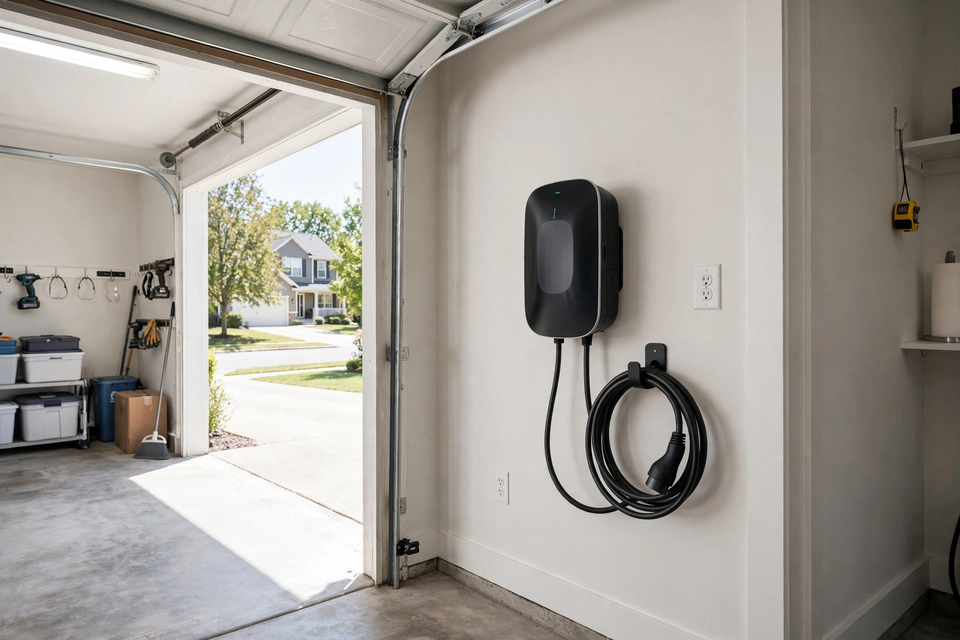 ev charger tax credit 2026 for homeowners usa: Home EV charger mounted on a garage wall, no people