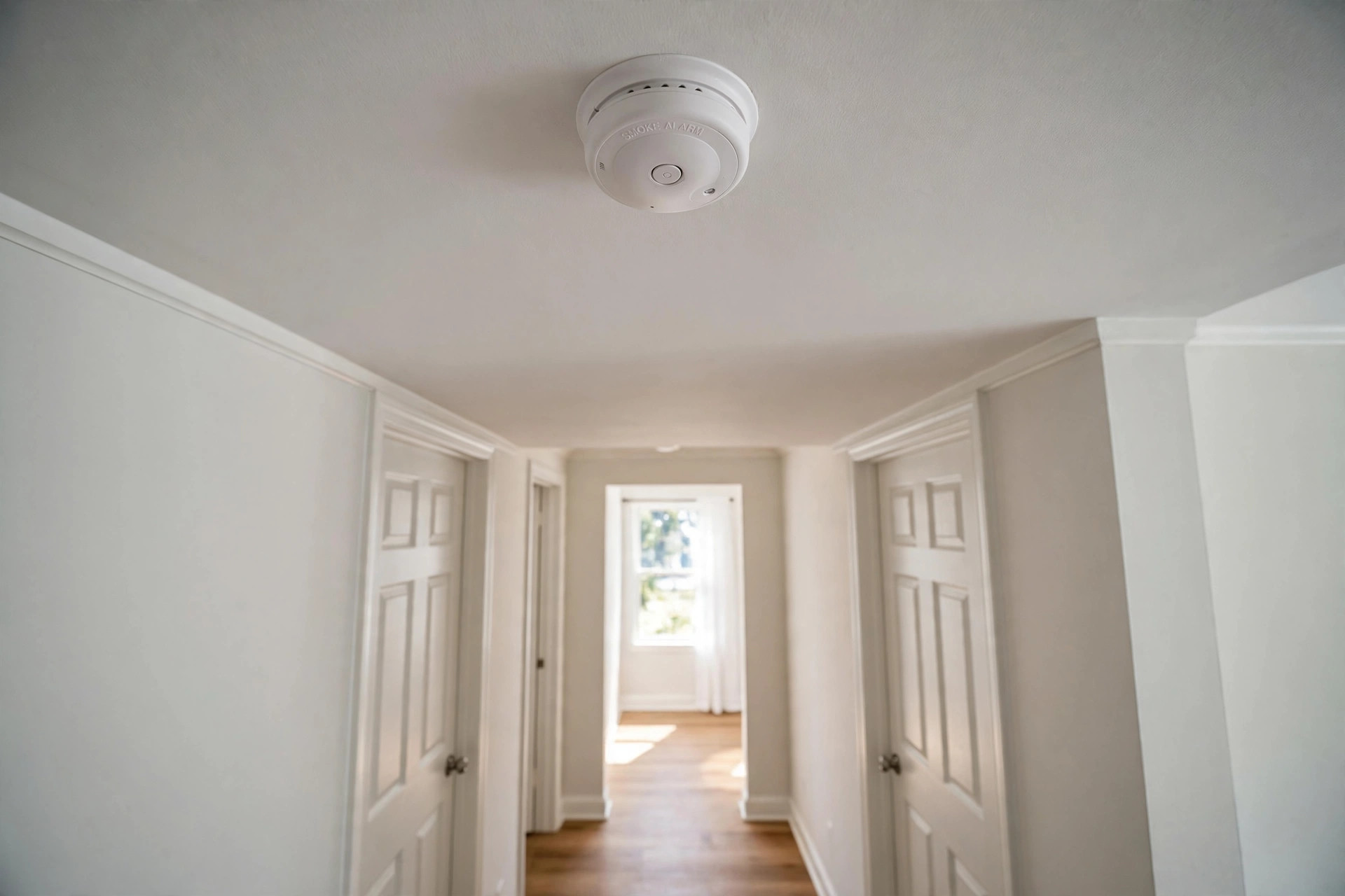 interconnected smoke alarms code requirements usa: Smoke alarms mounted on a hallway ceiling in a real American home