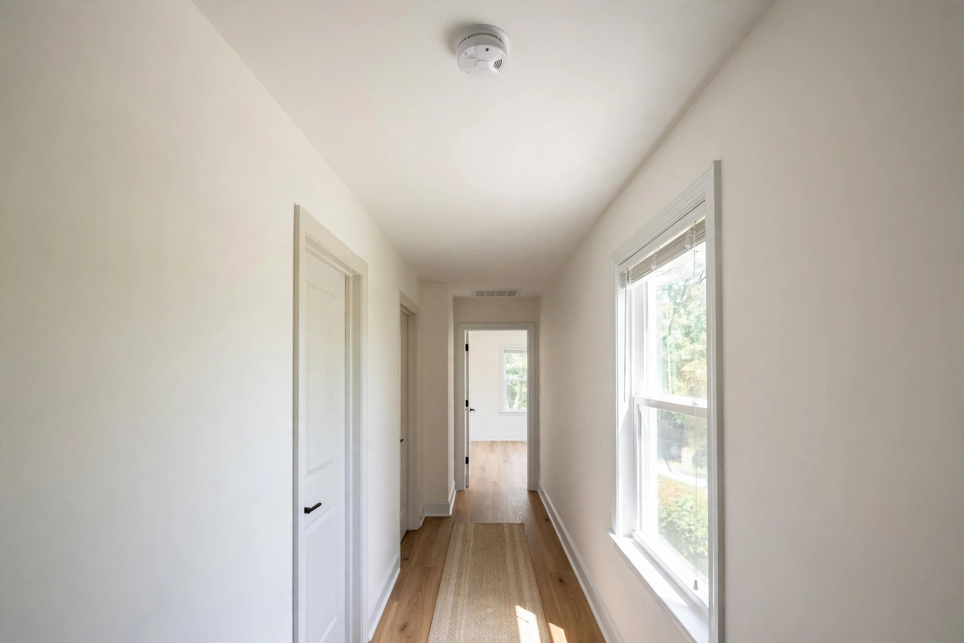 Smoke alarm mounted on a hallway ceiling — 10 year battery smoke detector reviews usa