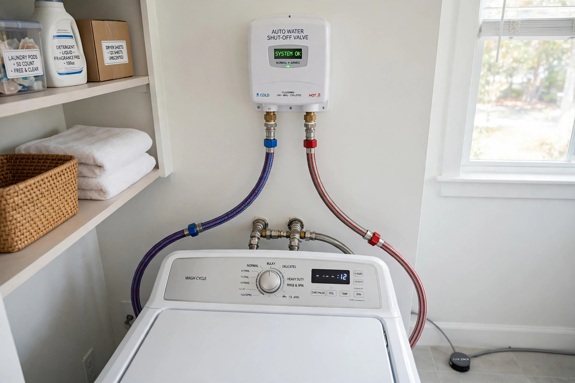 Automatic washing machine shutoff valve reviews with valve unit on laundry wall