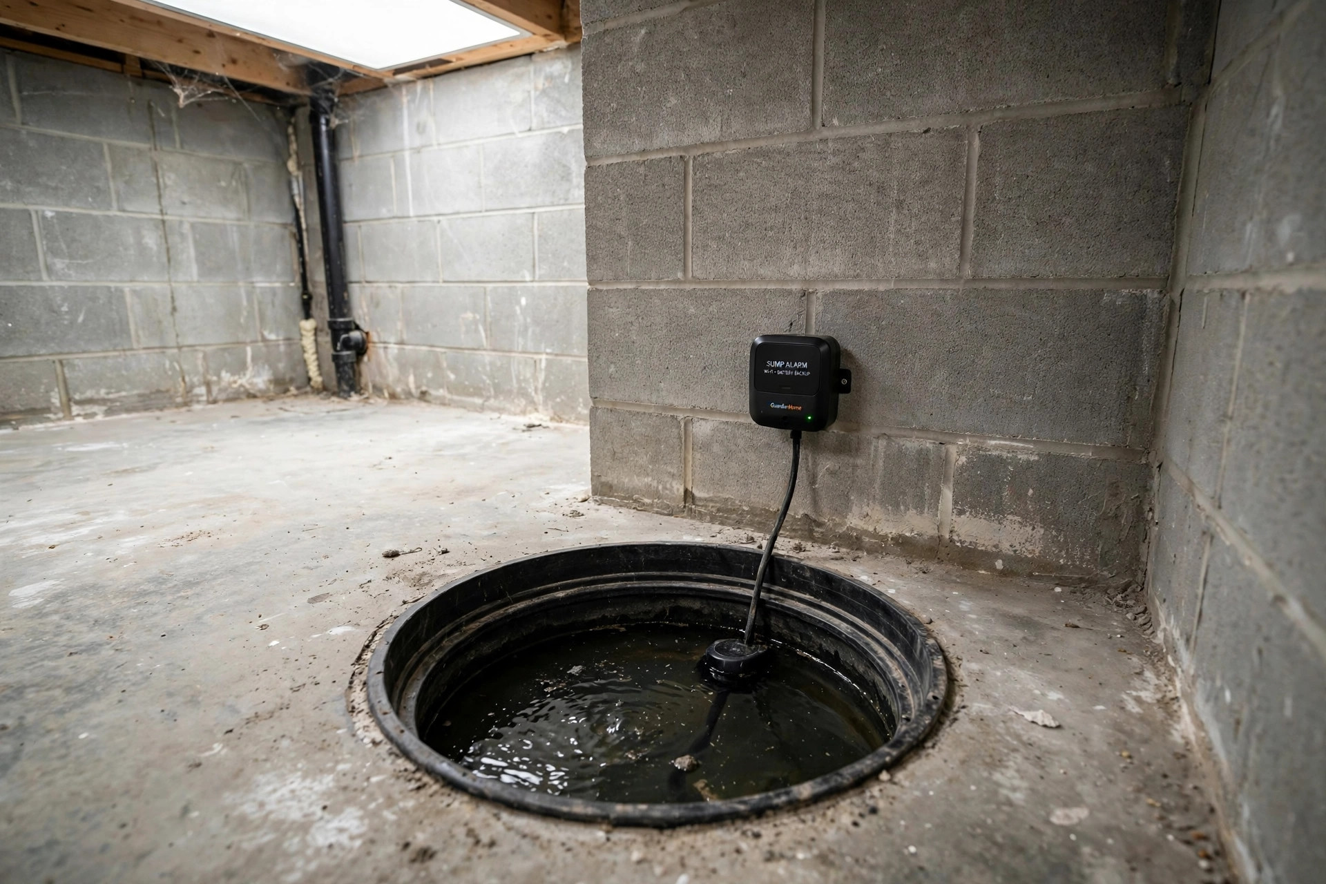 best smart sump pump alarm reviews usa: Smart sump pump alarm monitor in a basement sump pit