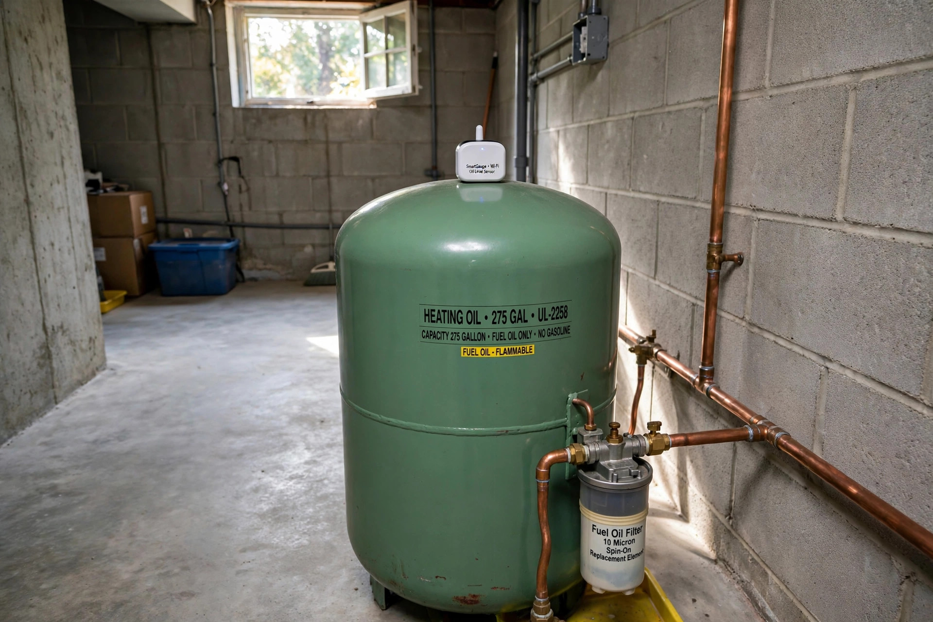 best smart oil tank gauge reviews usa: Smart oil tank gauge installed on a home heating oil tank with the level display