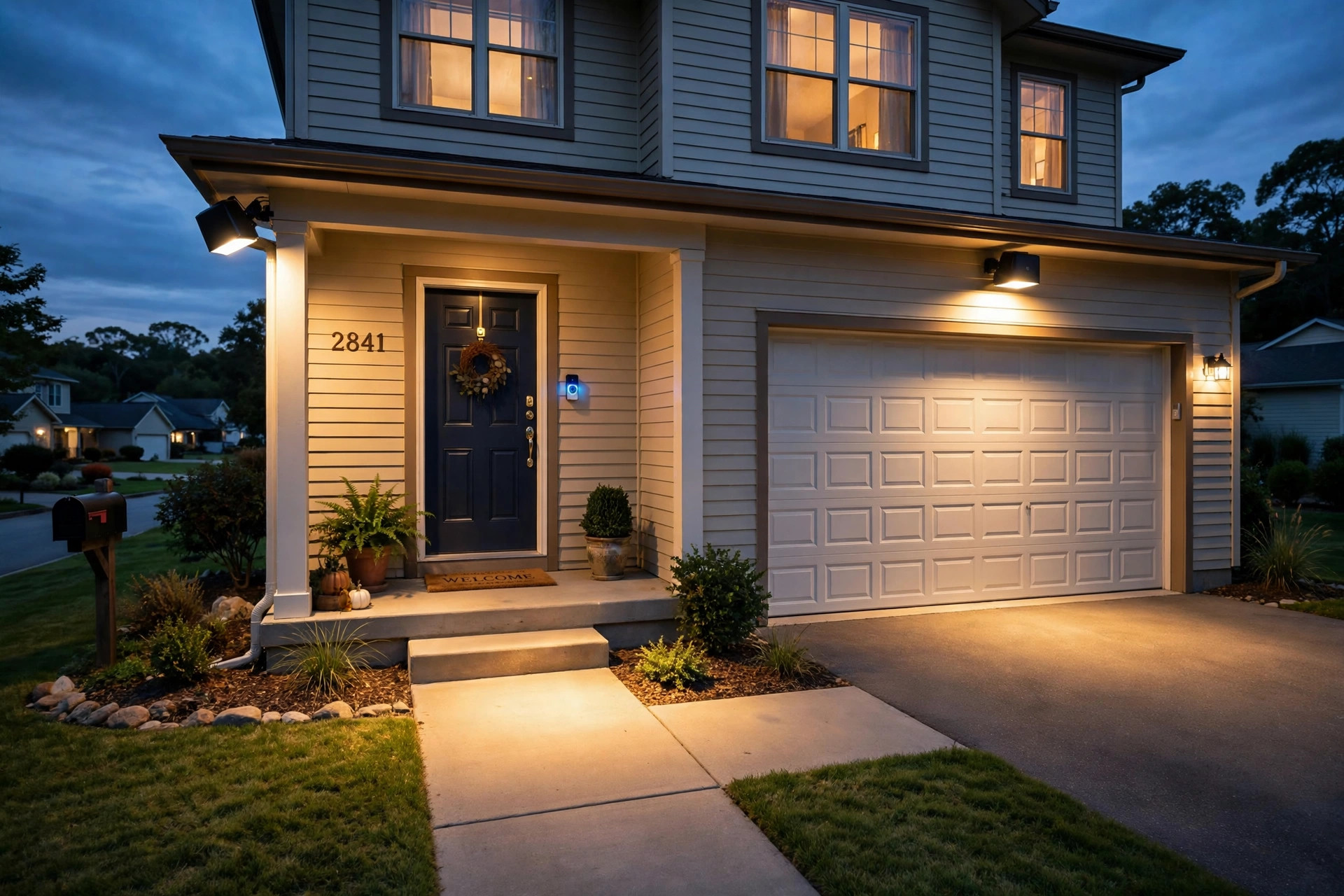 home security checklist for vacation usa guide: Smart home security checklist for vacation with a glowing video doorbell on a suburban house at dusk