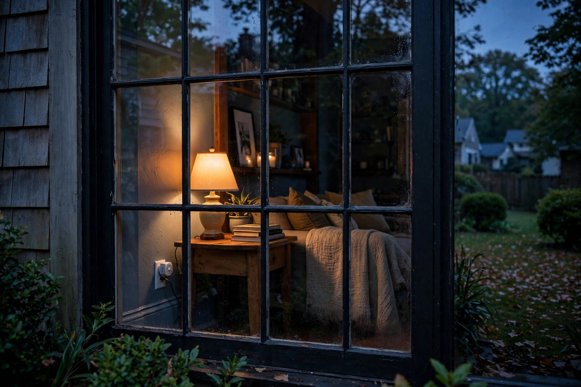 best timer for lights when away reviews usa: Living room lamp on a side table glowing in a dark house, controlled by an automatic light timer