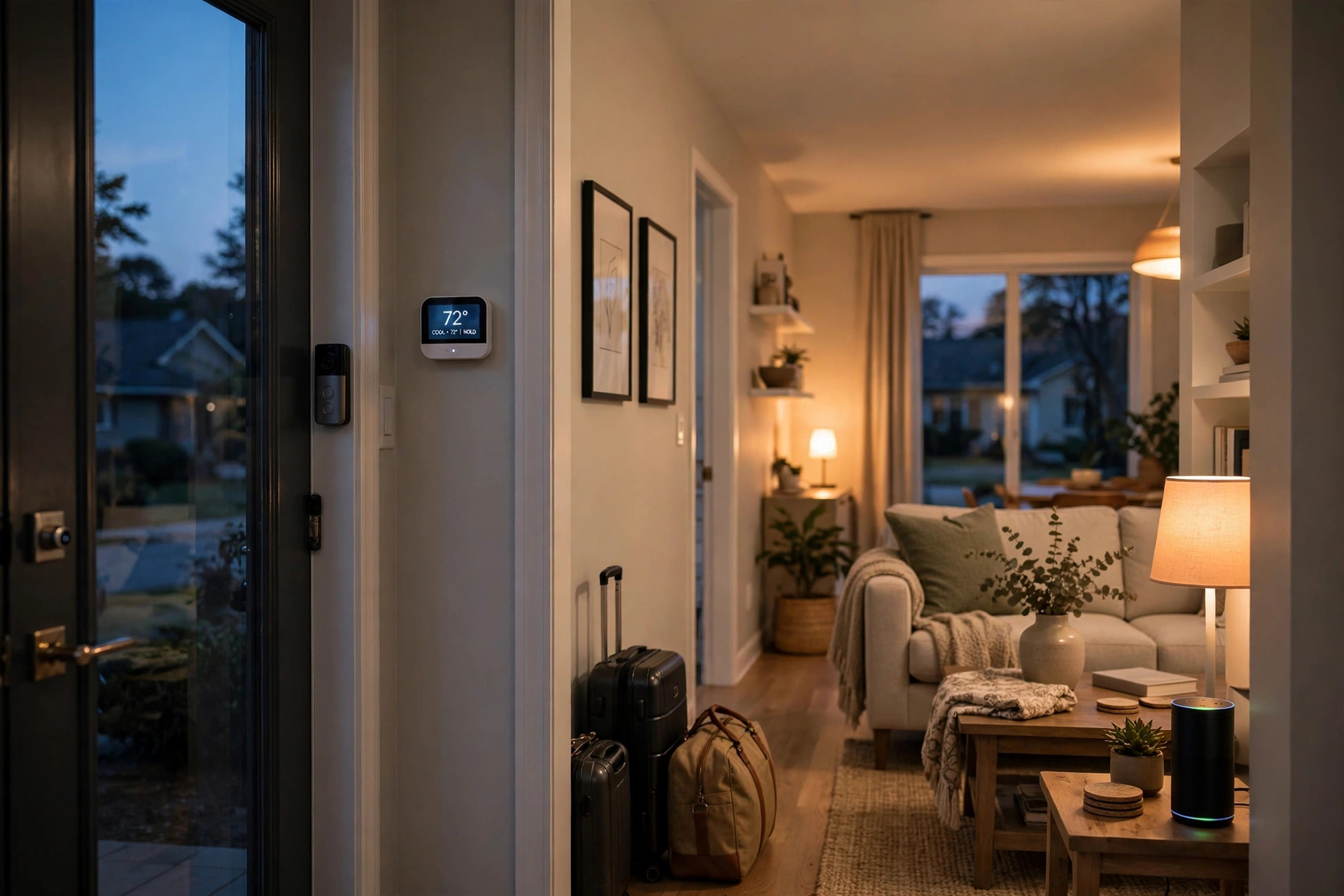 Smart home routines for vacation mode USA: smart devices guarding a home at dusk