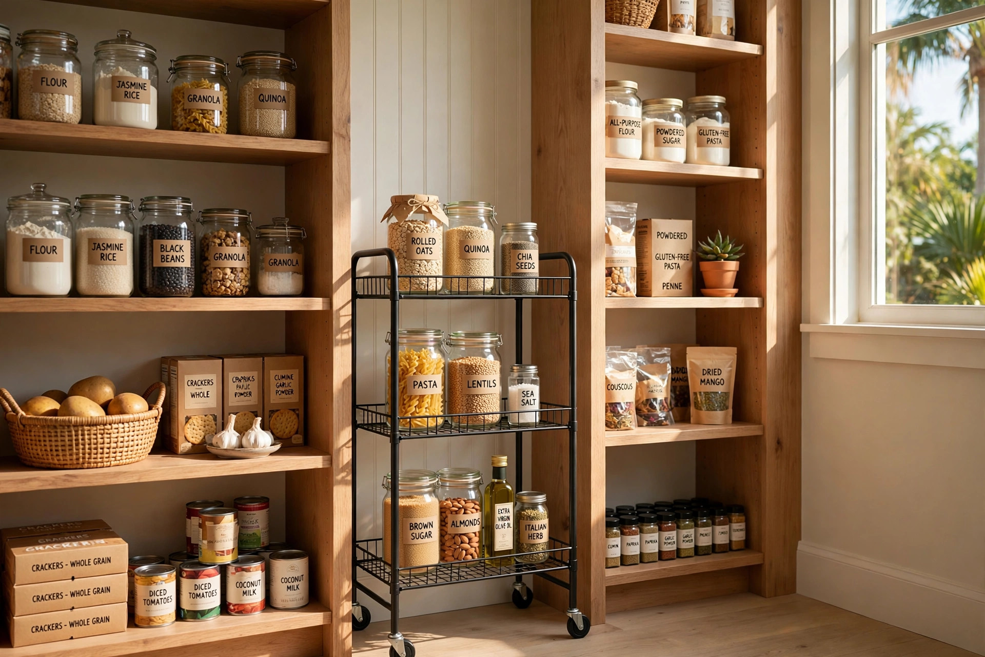 buy rolling storage carts online in florida: Rolling storage cart in a bright Florida home pantry