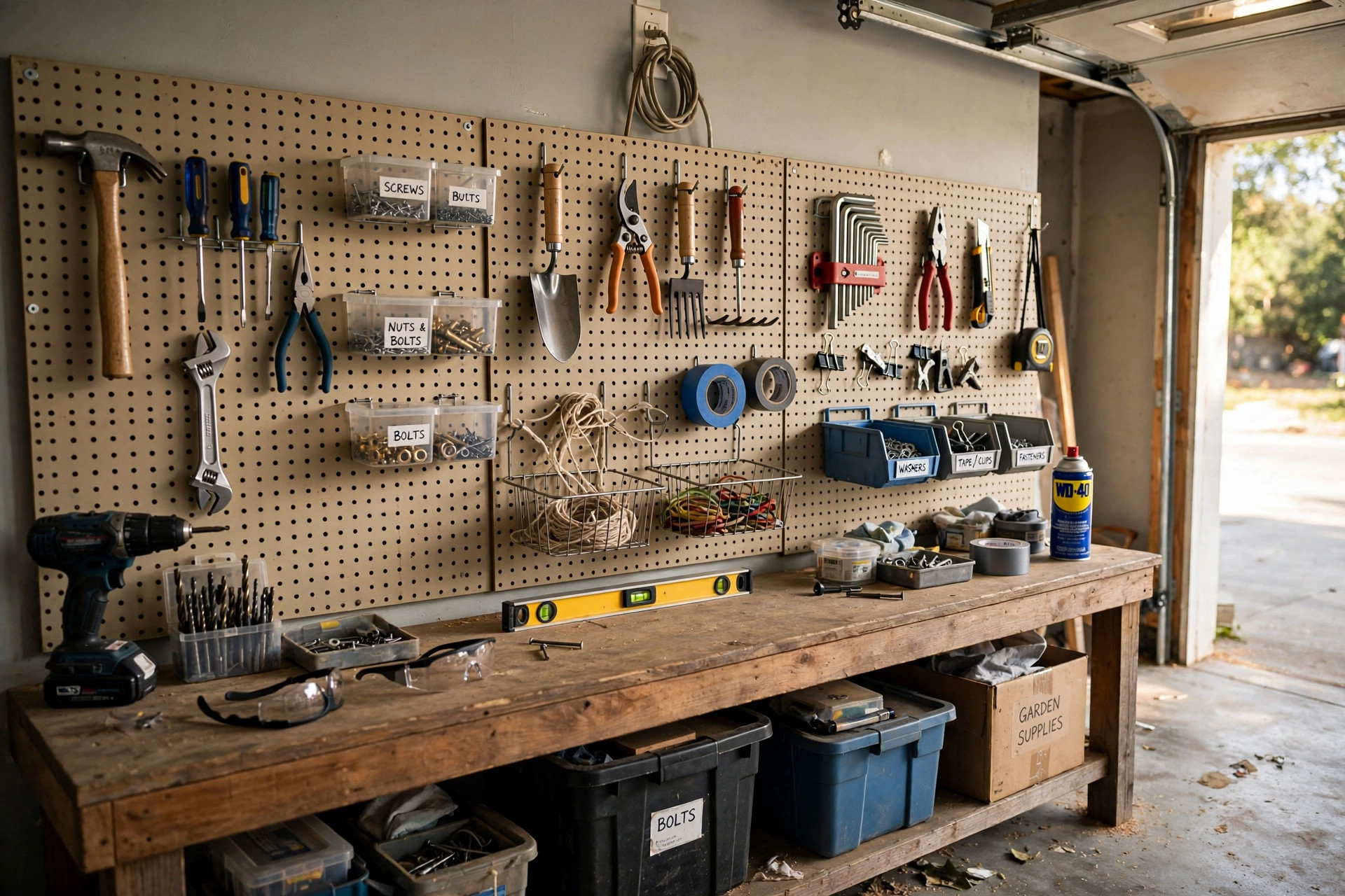 pegboard wall organizers price comparison usa: Pegboard wall organizers mounted in an American garage workshop