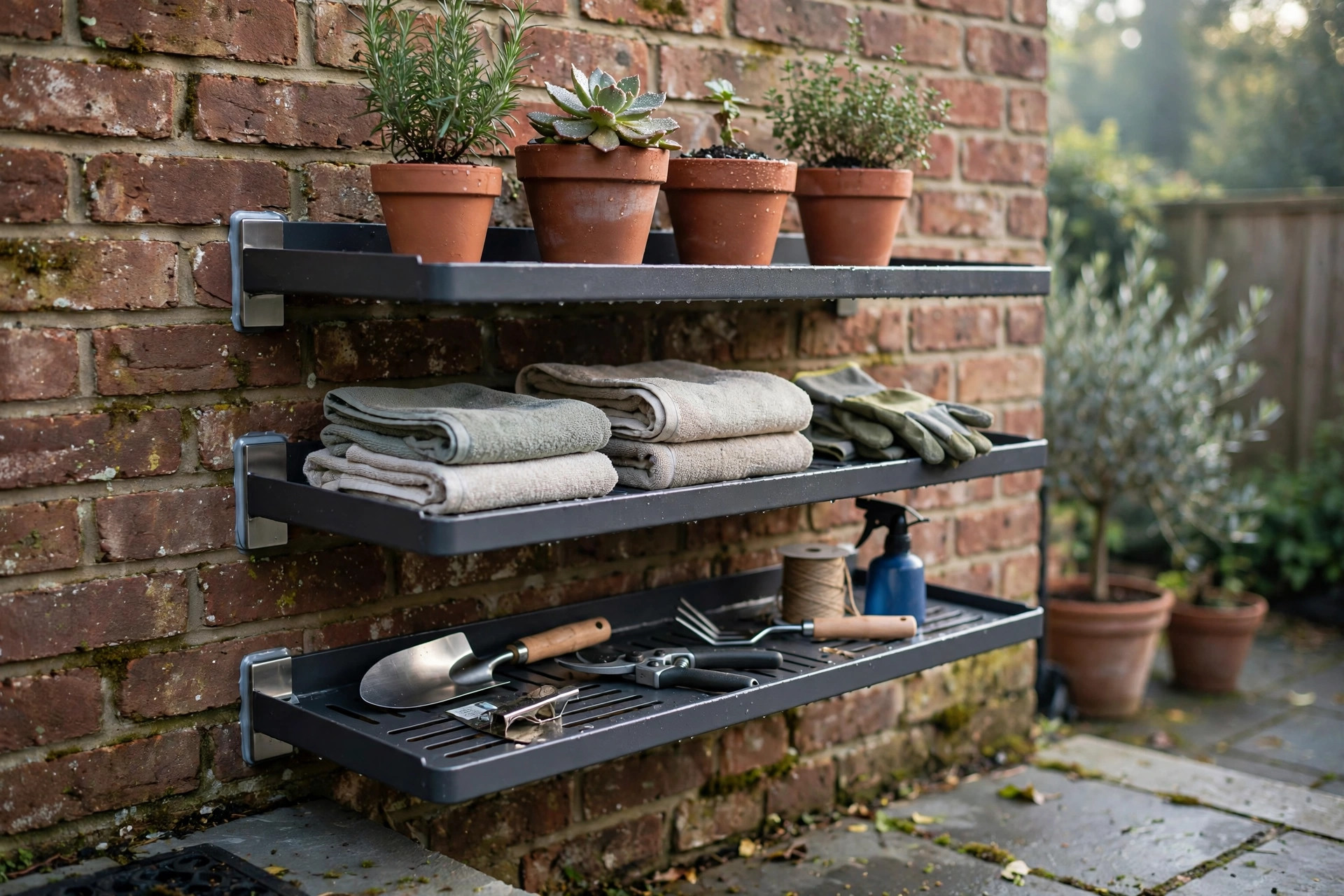 Waterproof wall mounted storage shelves for sale on a patio brick wall
