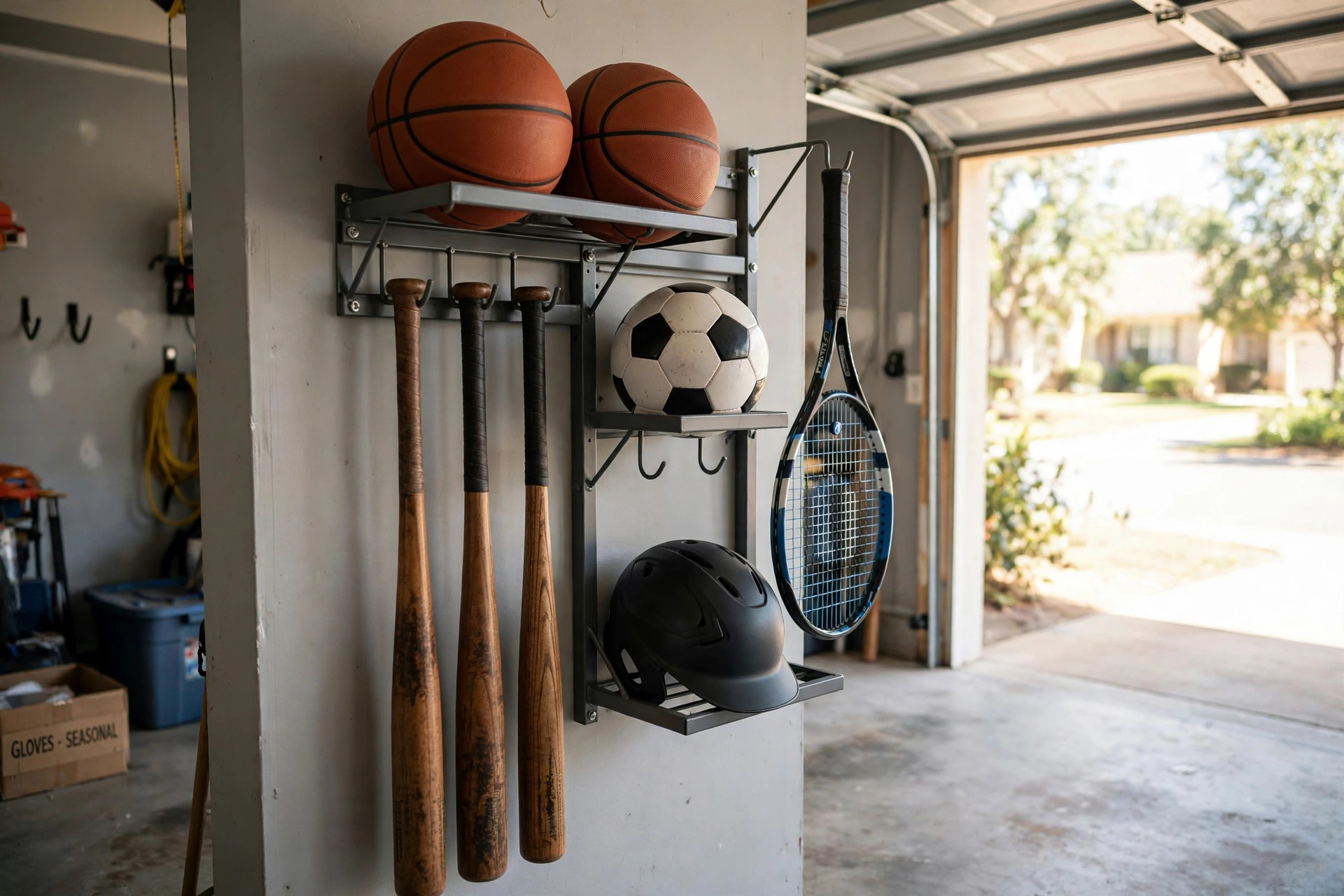 buy sports equipment organizers online in california: Sports equipment organizers holding balls and bats in a garage