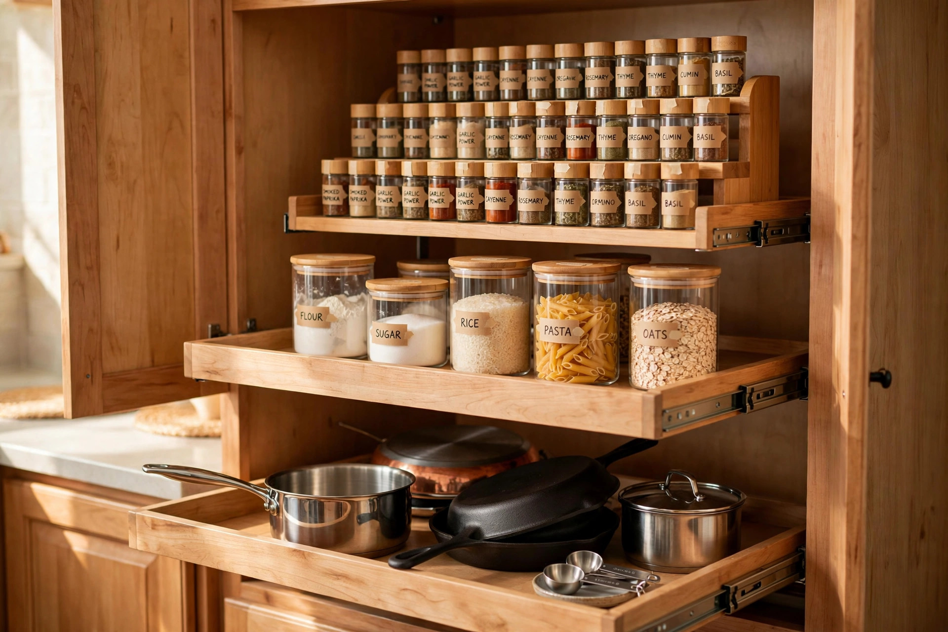 best kitchen cabinet organizers for american homes: Organized kitchen cabinets with pull-out organizers in an American home