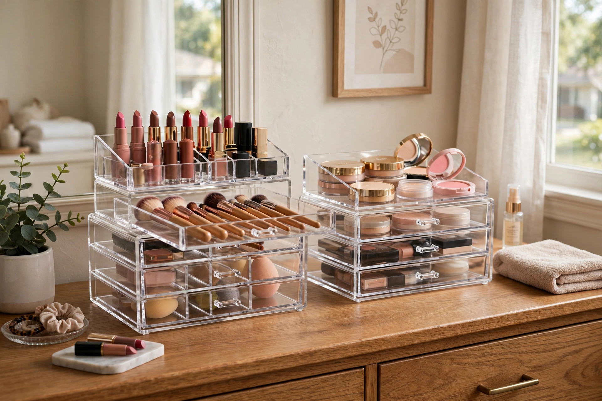 Stackable makeup and cosmetics organizers with free shipping on a bedroom vanity