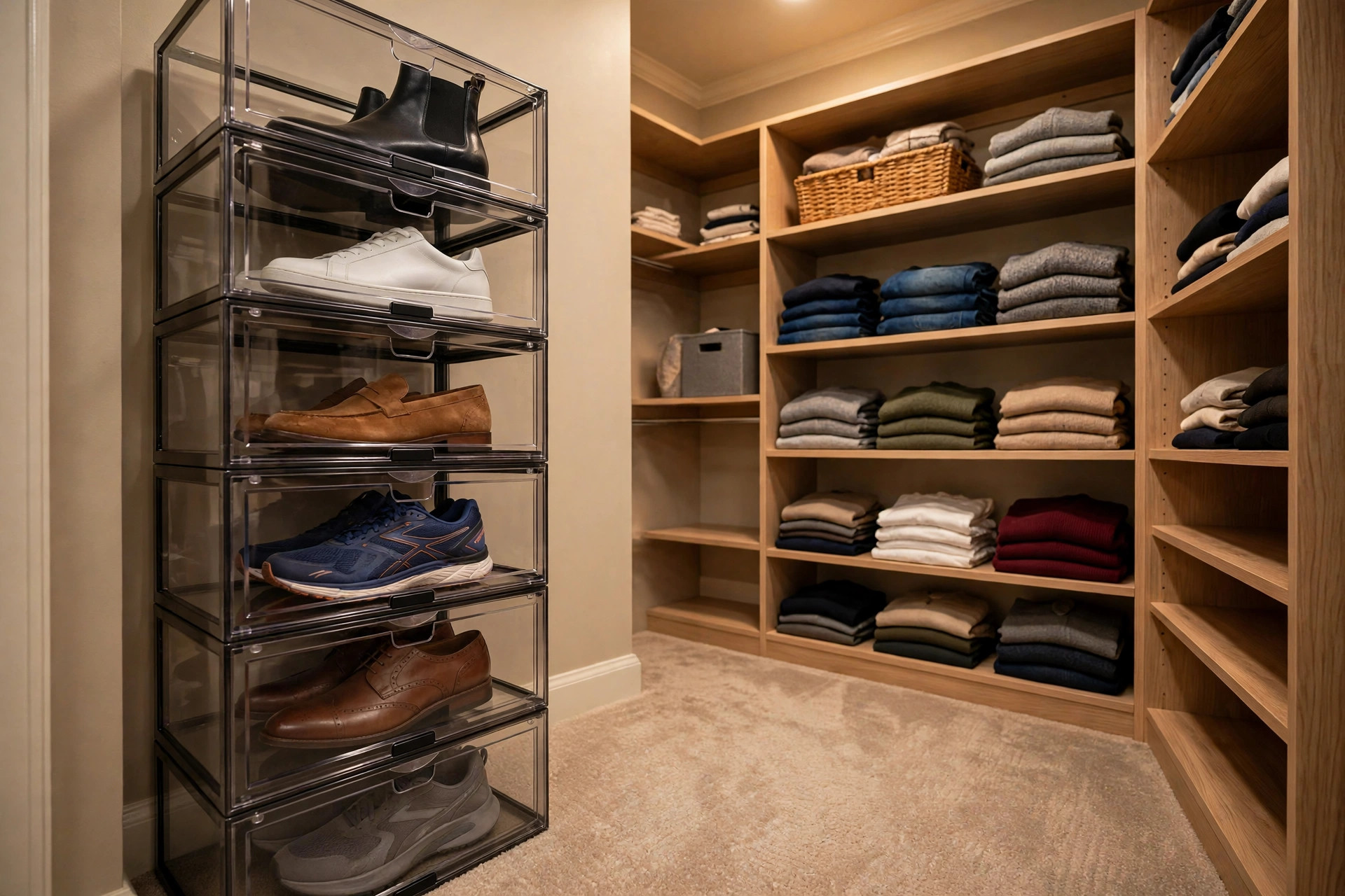 Luxury stackable shoe storage boxes for sale arranged neatly in a closet