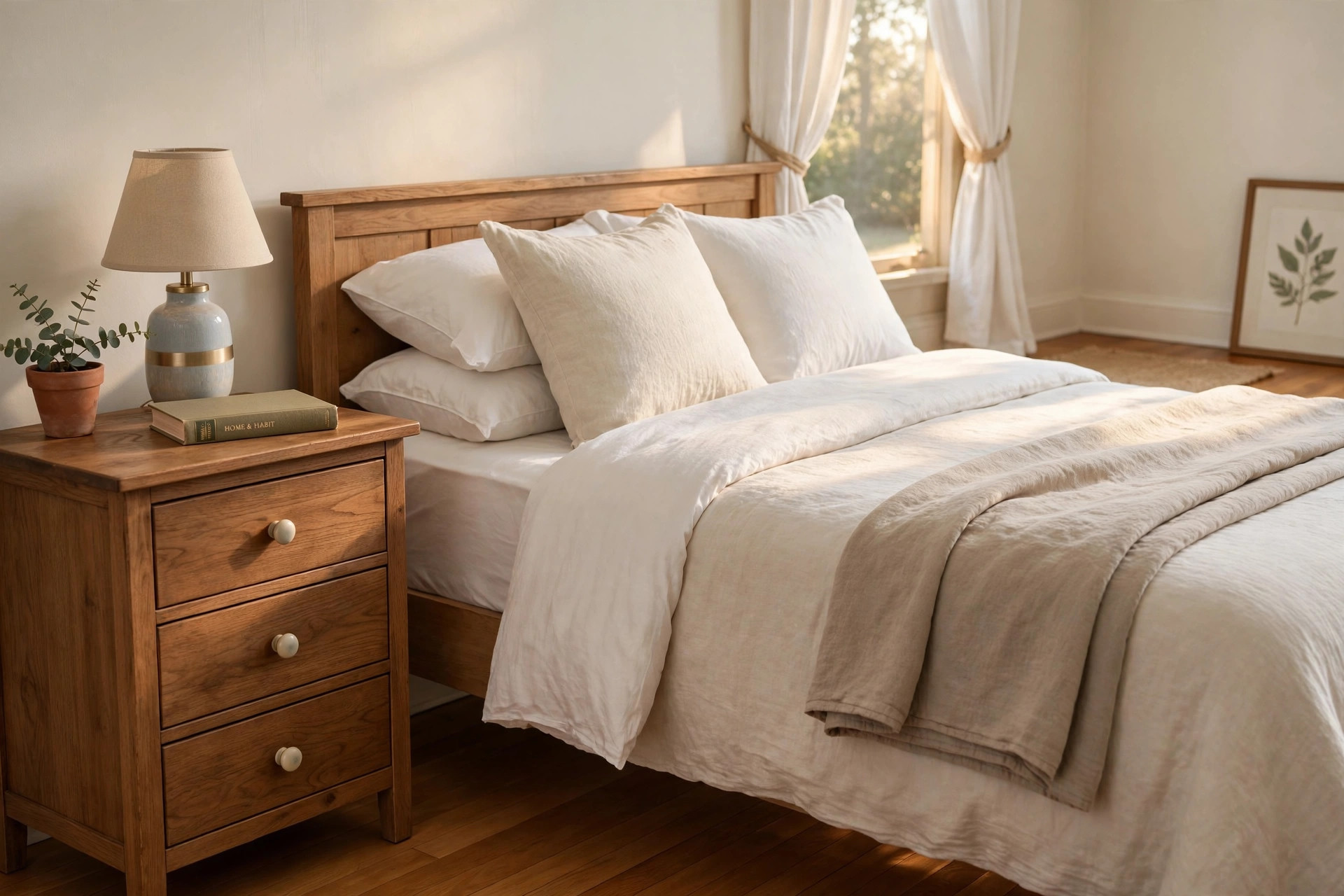nightstands with storage drawers reviews and buying guide: Nightstand with storage drawers beside a bed in a real American bedroom