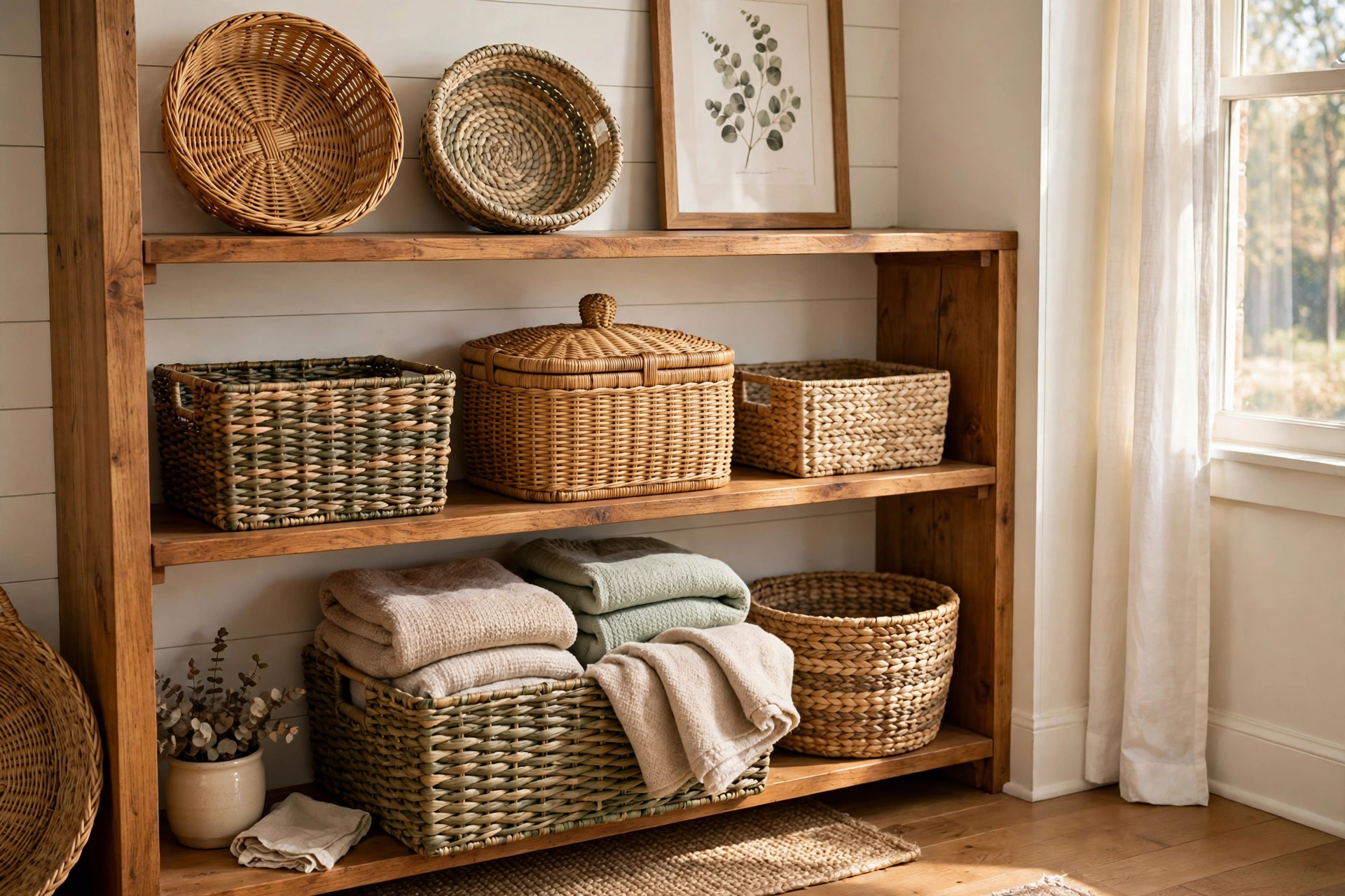 wicker storage baskets reviews and buying guide: Wicker storage baskets on wooden shelves in a tidy American home