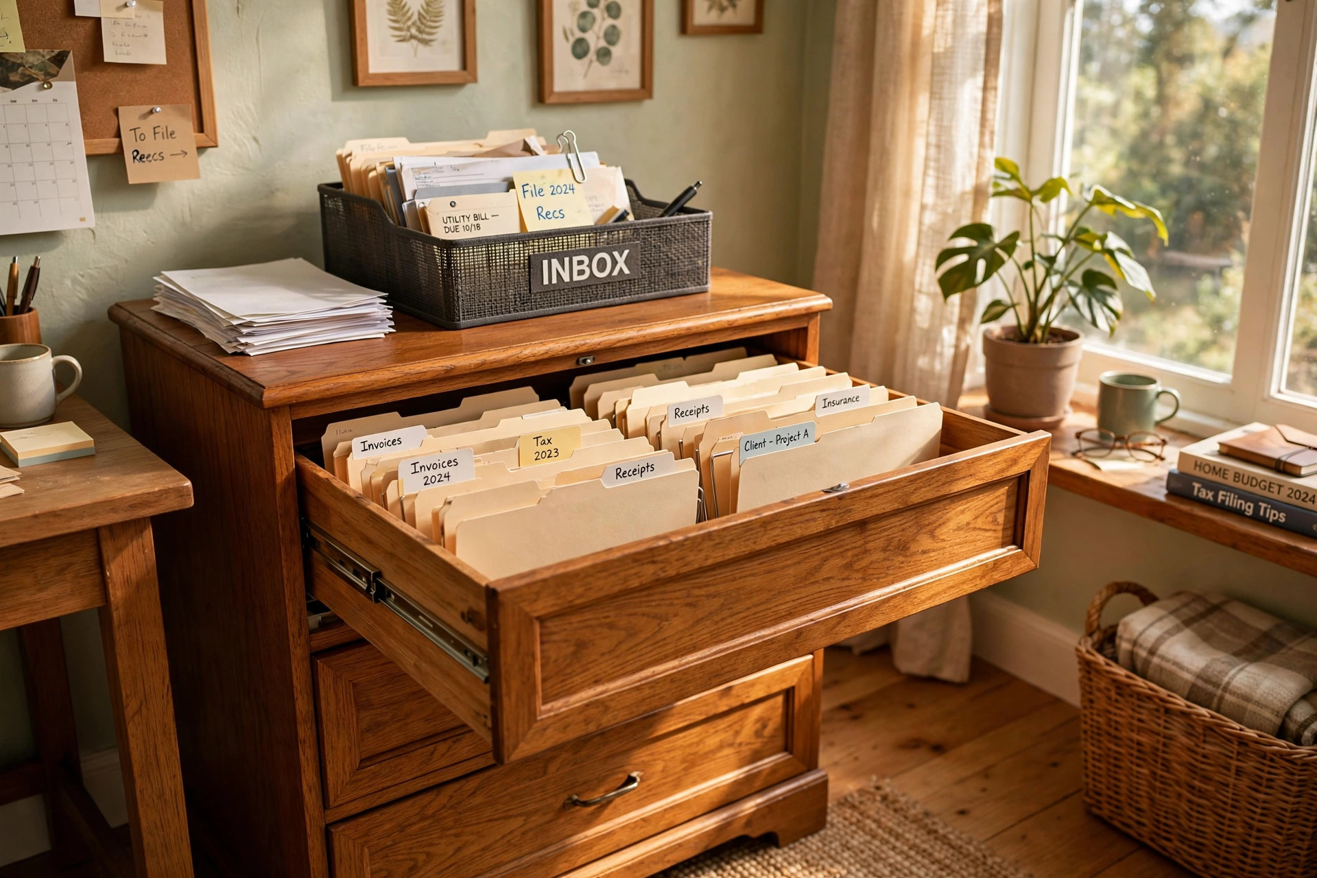 home office filing systems price comparison usa: A home office filing system with labeled folders and drawers in a real American home office