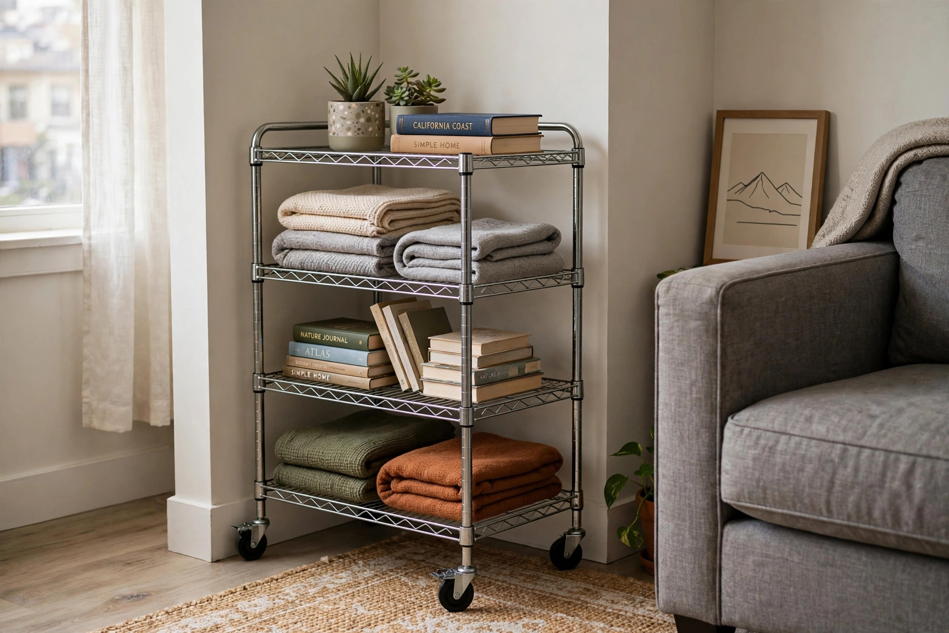 top rated rolling storage carts for small apartments: Top rated rolling storage cart in a small apartment living room