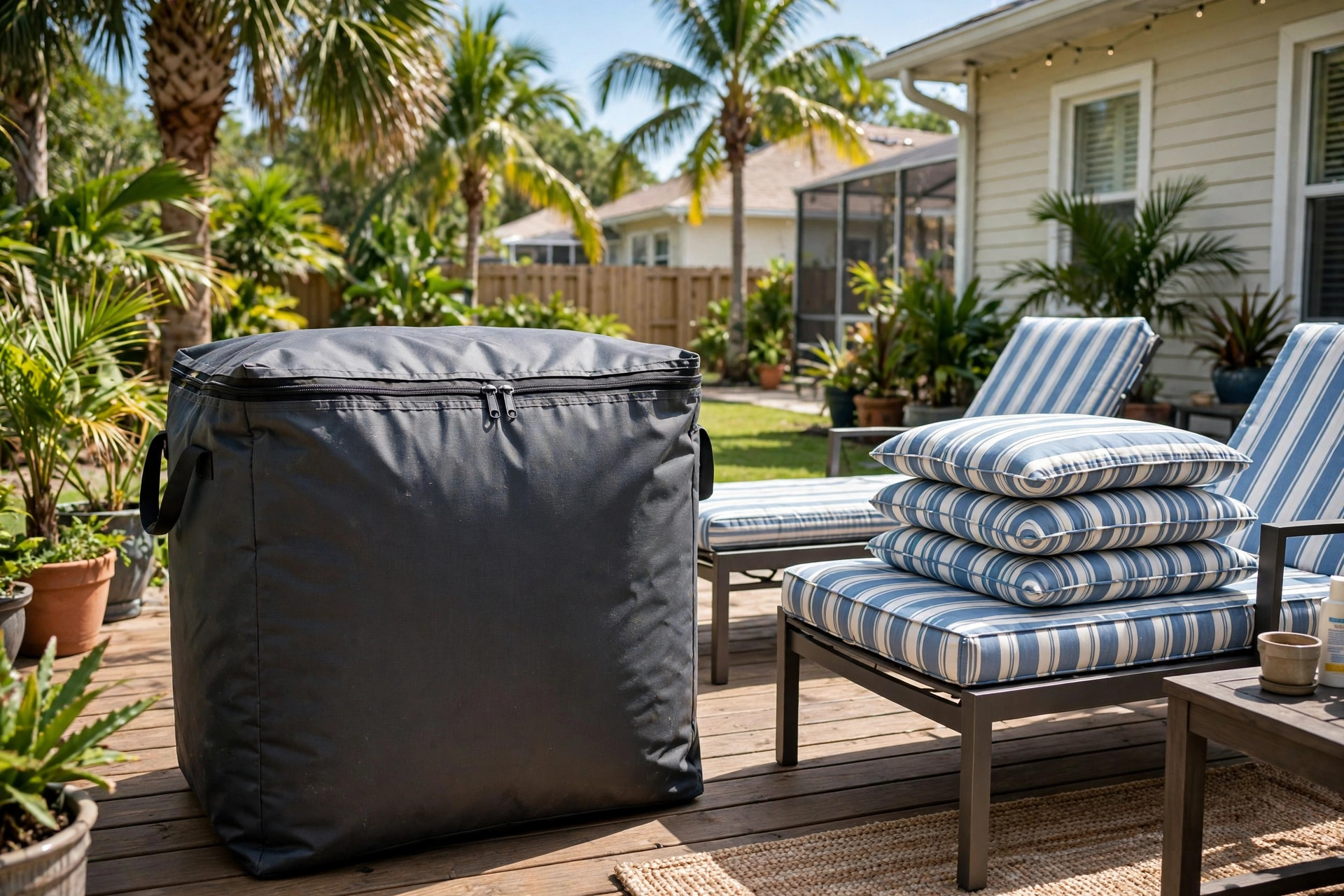 best patio cushion storage bags for florida homes: Patio cushion storage bags in a Florida backyard setting