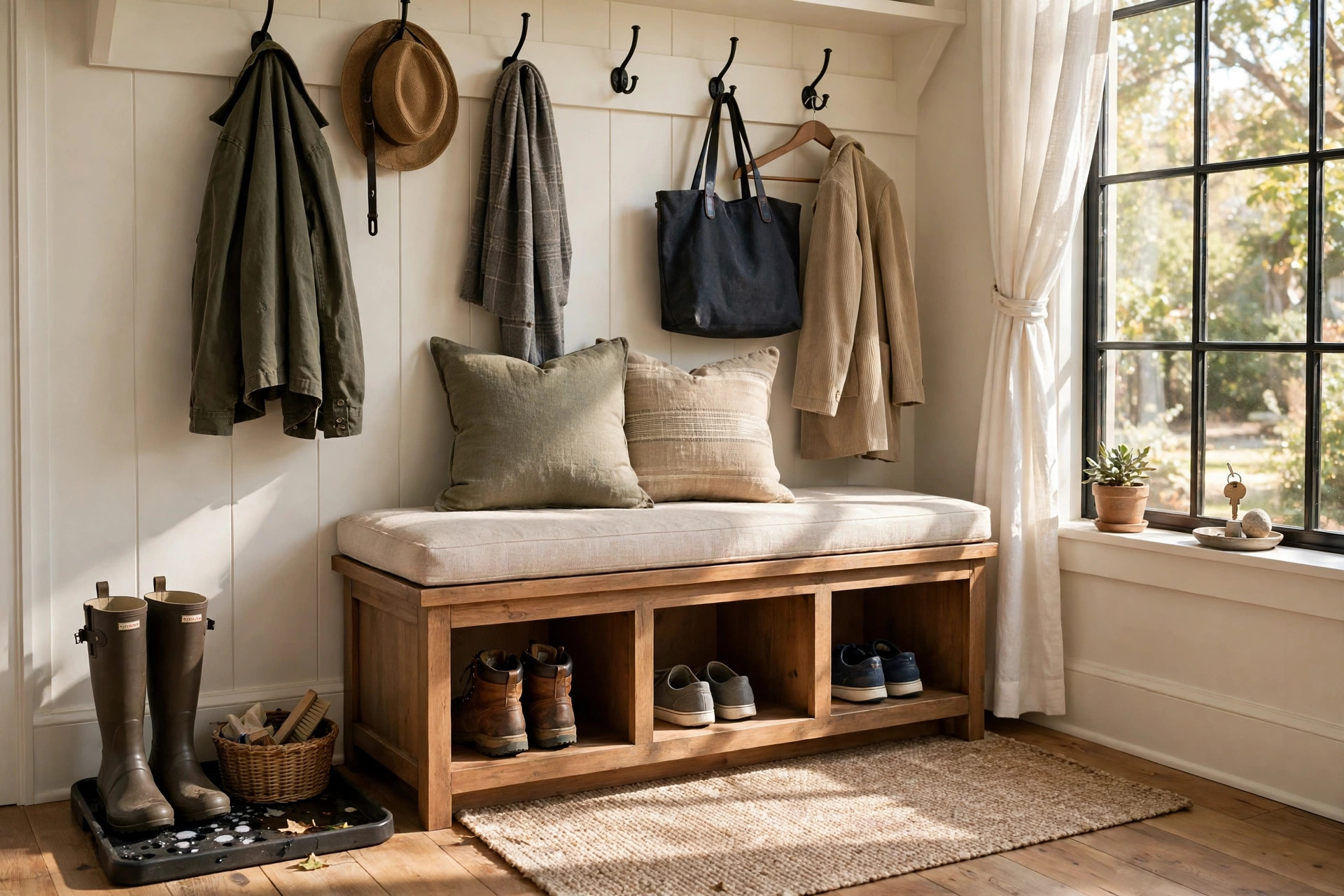 mudroom storage benches price comparison usa: Mudroom storage bench with cubbies in a bright American entryway