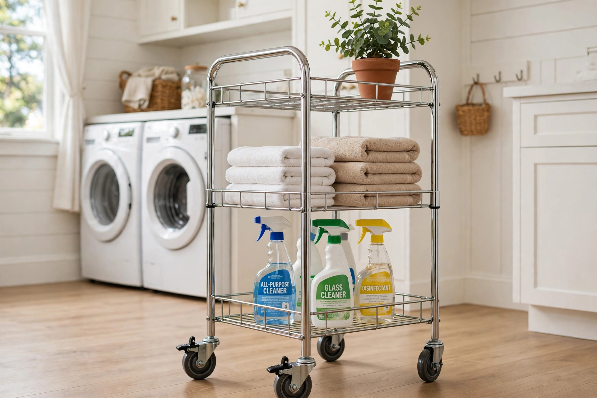 rolling storage carts reviews and buying guide: A rolling storage cart with three shelves holding folded towels and cleaning supplies in a laundry room