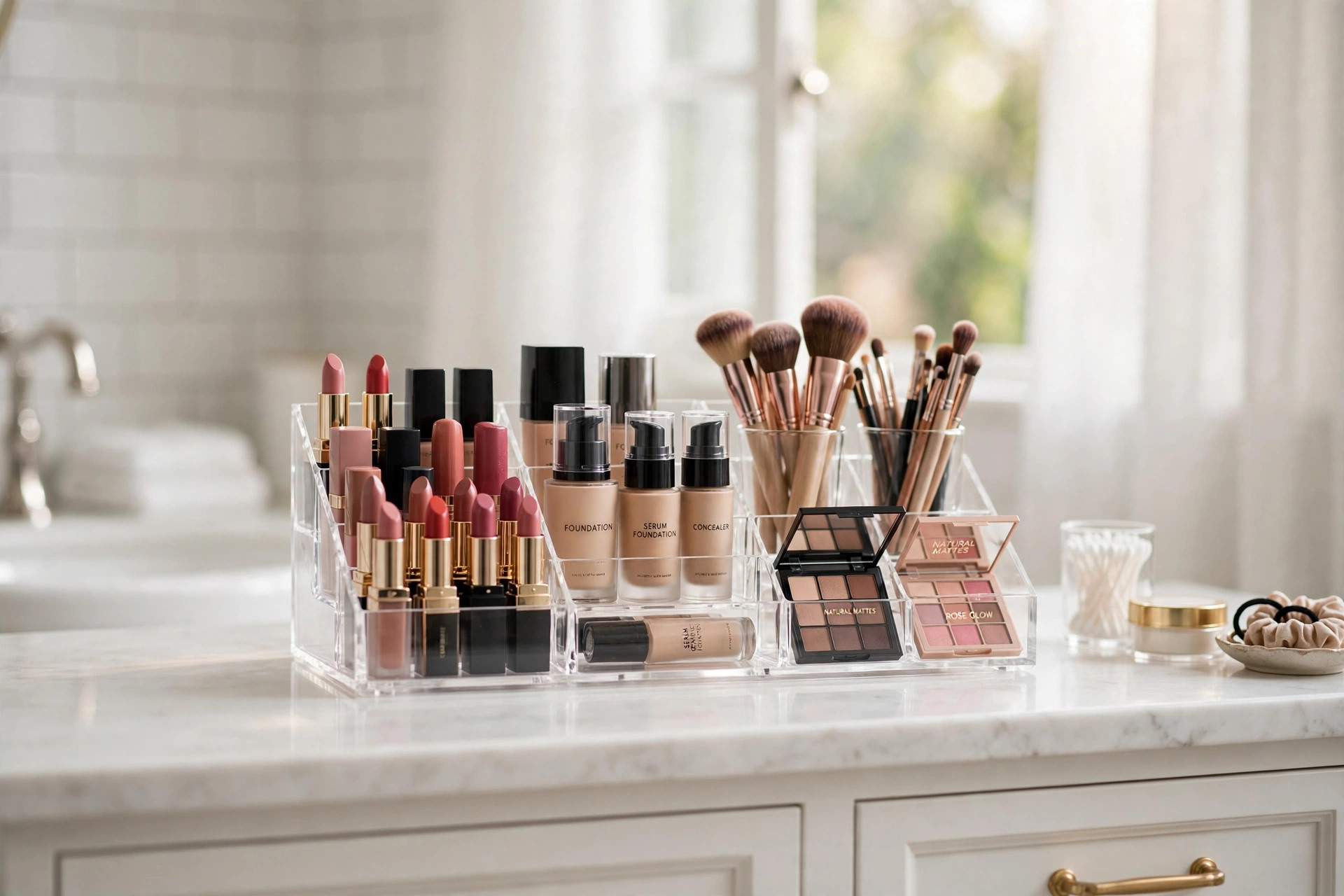 makeup and cosmetics organizers reviews and buying guide: A clear acrylic makeup and cosmetics organizer with neat rows of lipsticks and bottles on a white bathroom vanity