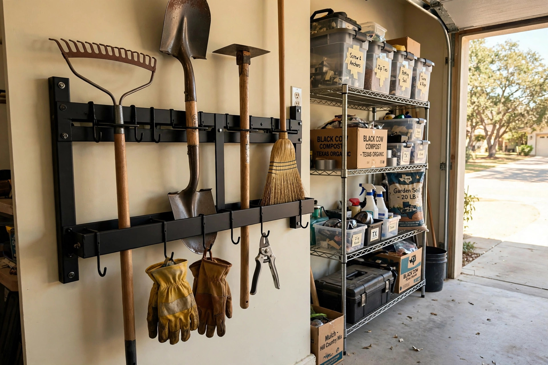 where to buy garden tool organizers in texas: Wall-mounted rack with garden tool organizers in a Texas garage