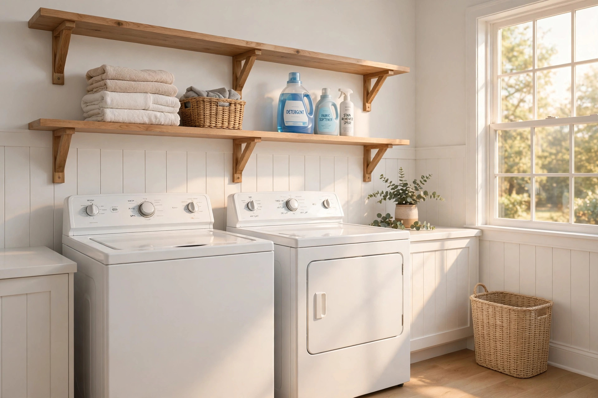 Laundry room shelving price comparison USA guide with wall-mounted shelves in a bright American laundry room