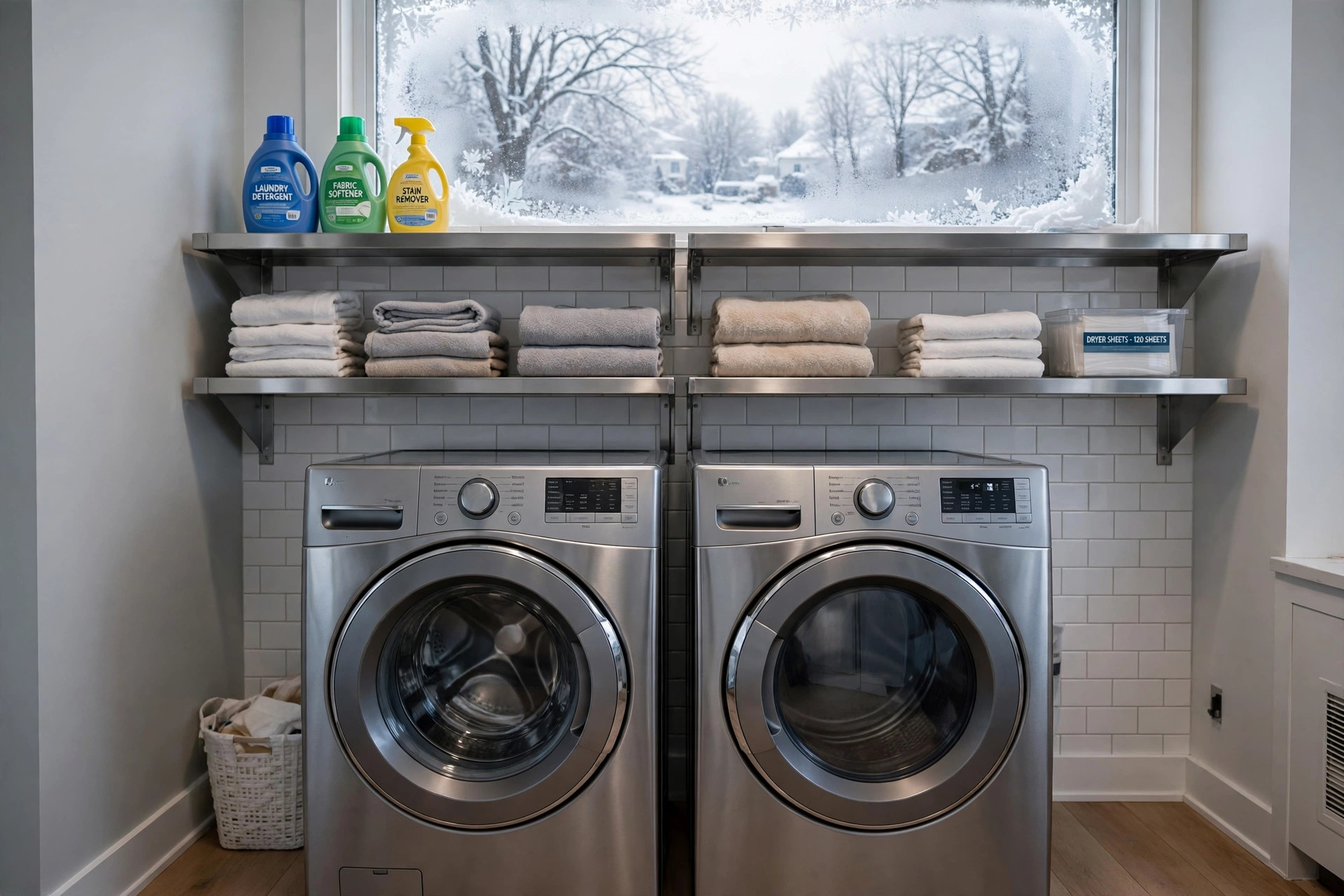 Waterproof laundry room shelving for cold climates in a tidy American laundry room