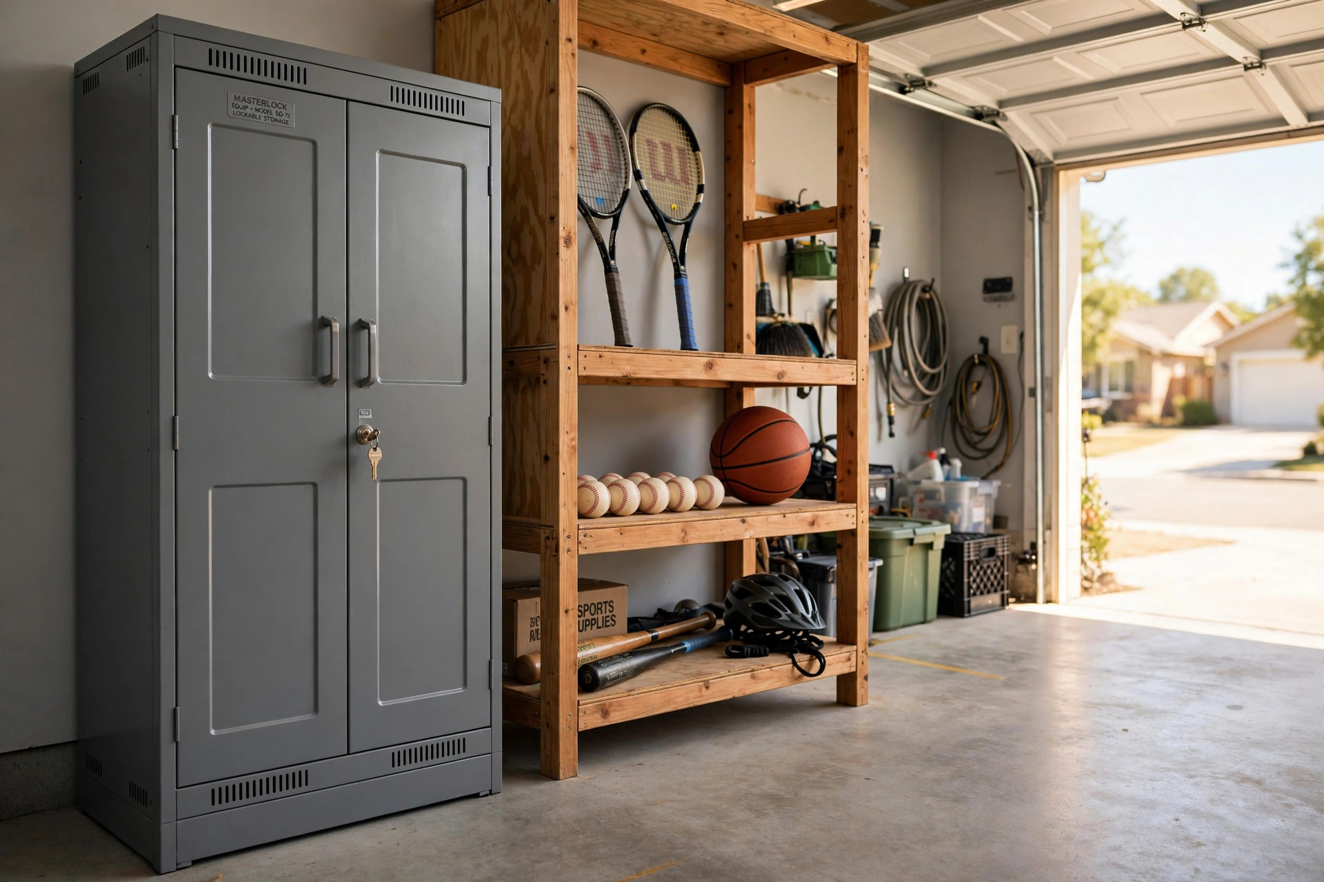 lockable sports equipment organizers for sale: Lockable sports equipment organizer cabinet with bats and balls in a garage