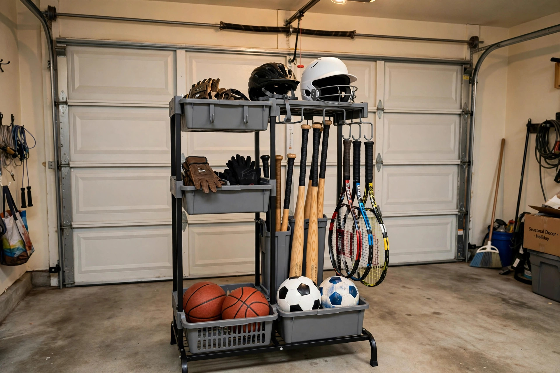 Affordable sports equipment organizers for sale in a garage