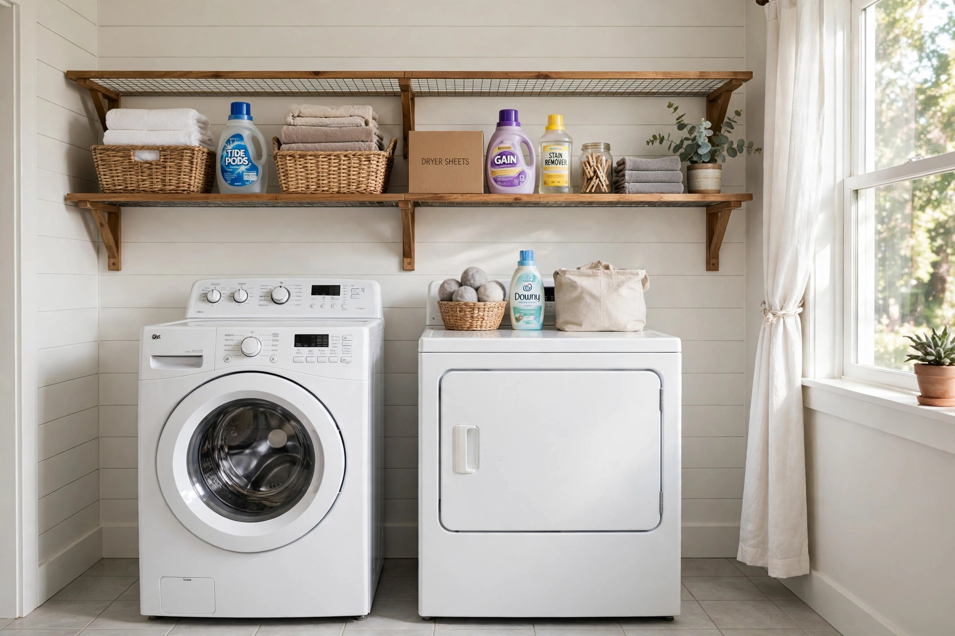 laundry room shelving reviews and buying guide: Laundry room shelving with detergents and baskets on sturdy wall-mounted shelves