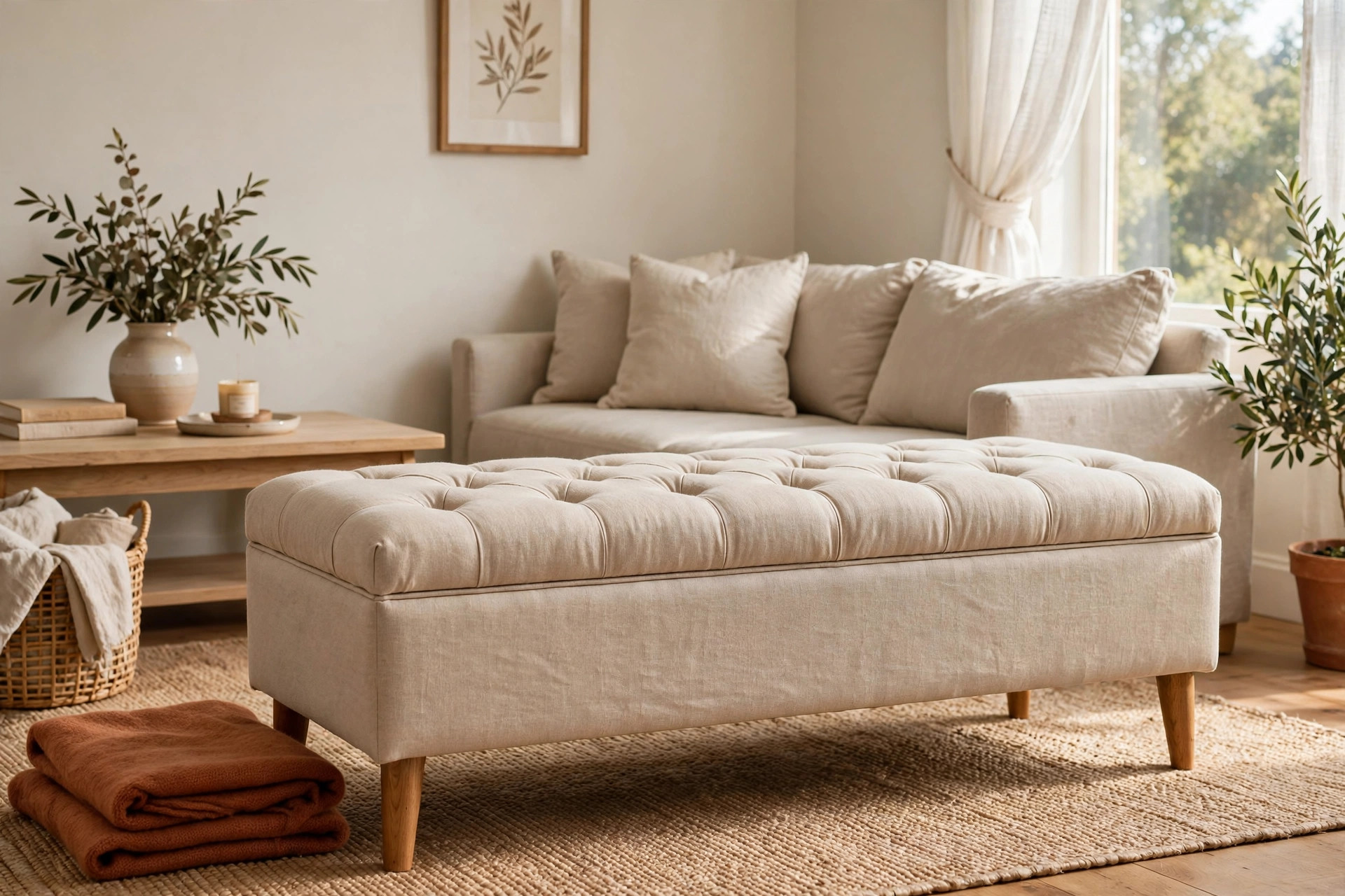 ottoman storage benches reviews and buying guide: Upholstered ottoman storage bench in a living room